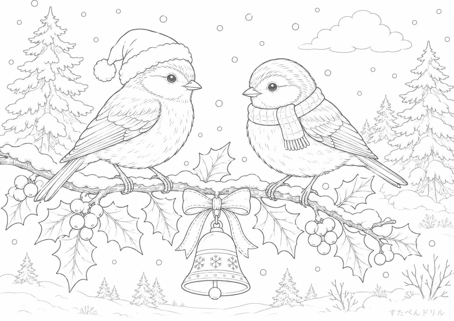 冬の森の小鳥たち クリスマス ぬりえ 無料プリント PDF
