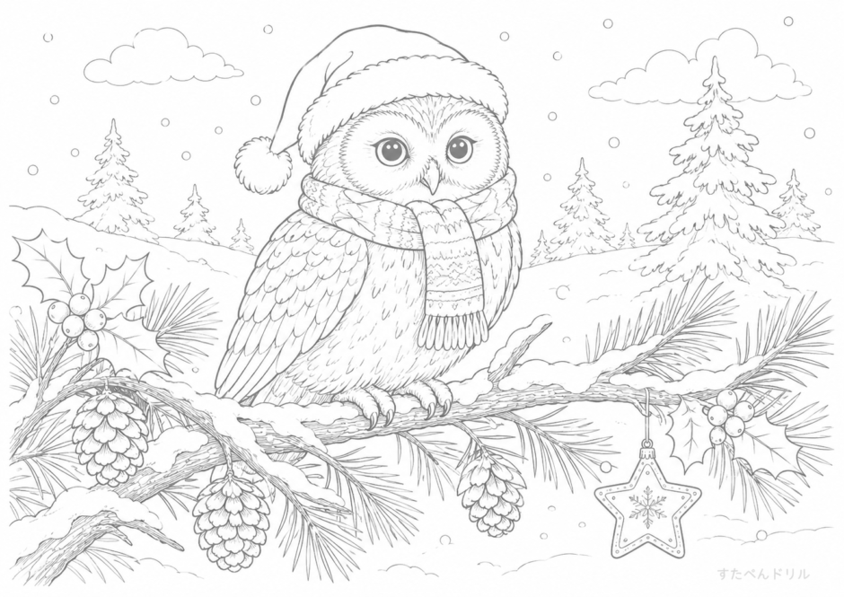 冬の森のフクロウとクリスマス飾り クリスマス ぬりえ 無料プリント No.49(むずかしい)