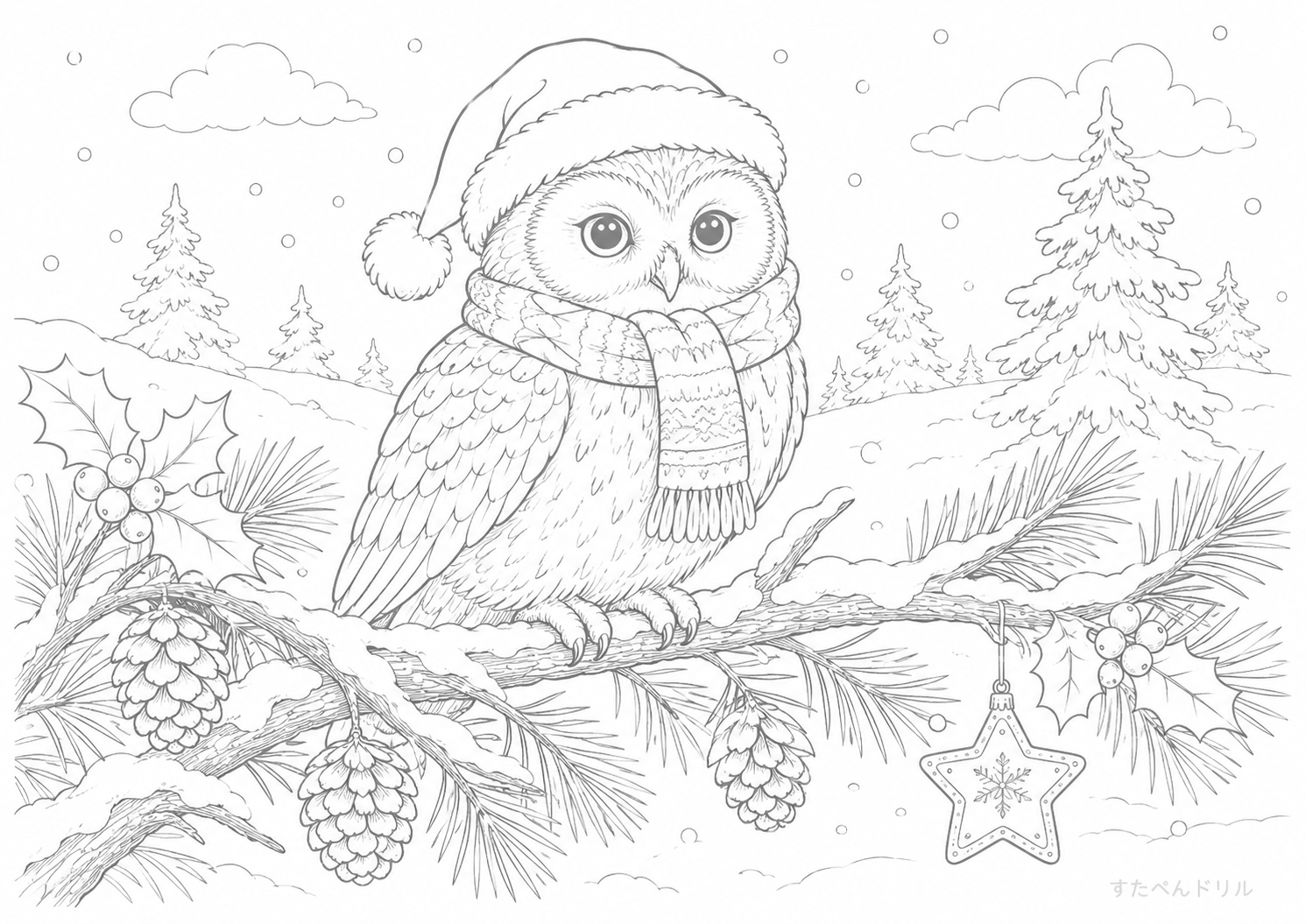 冬の森のフクロウとクリスマス飾り クリスマス ぬりえ 無料プリント PDF