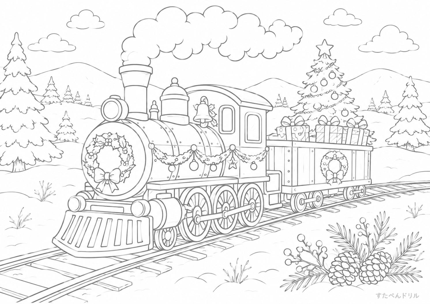 クリスマス列車の冬景色 クリスマス ぬりえ 無料プリント PDF