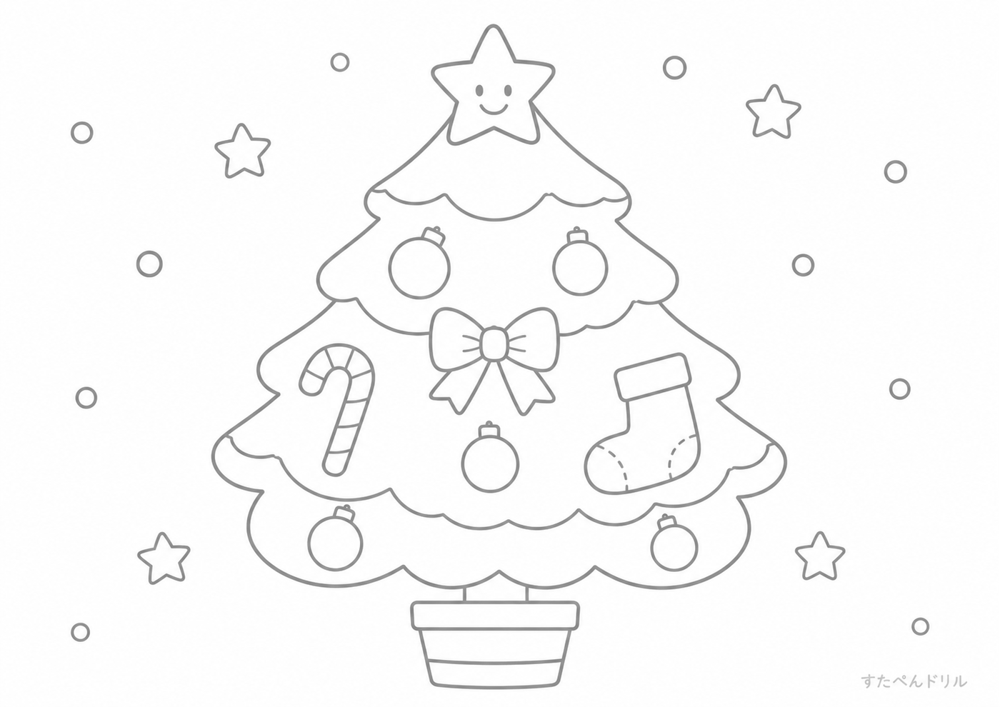 12月のぬりえ・塗り絵無料プリント「かわいいクリスマスツリー」