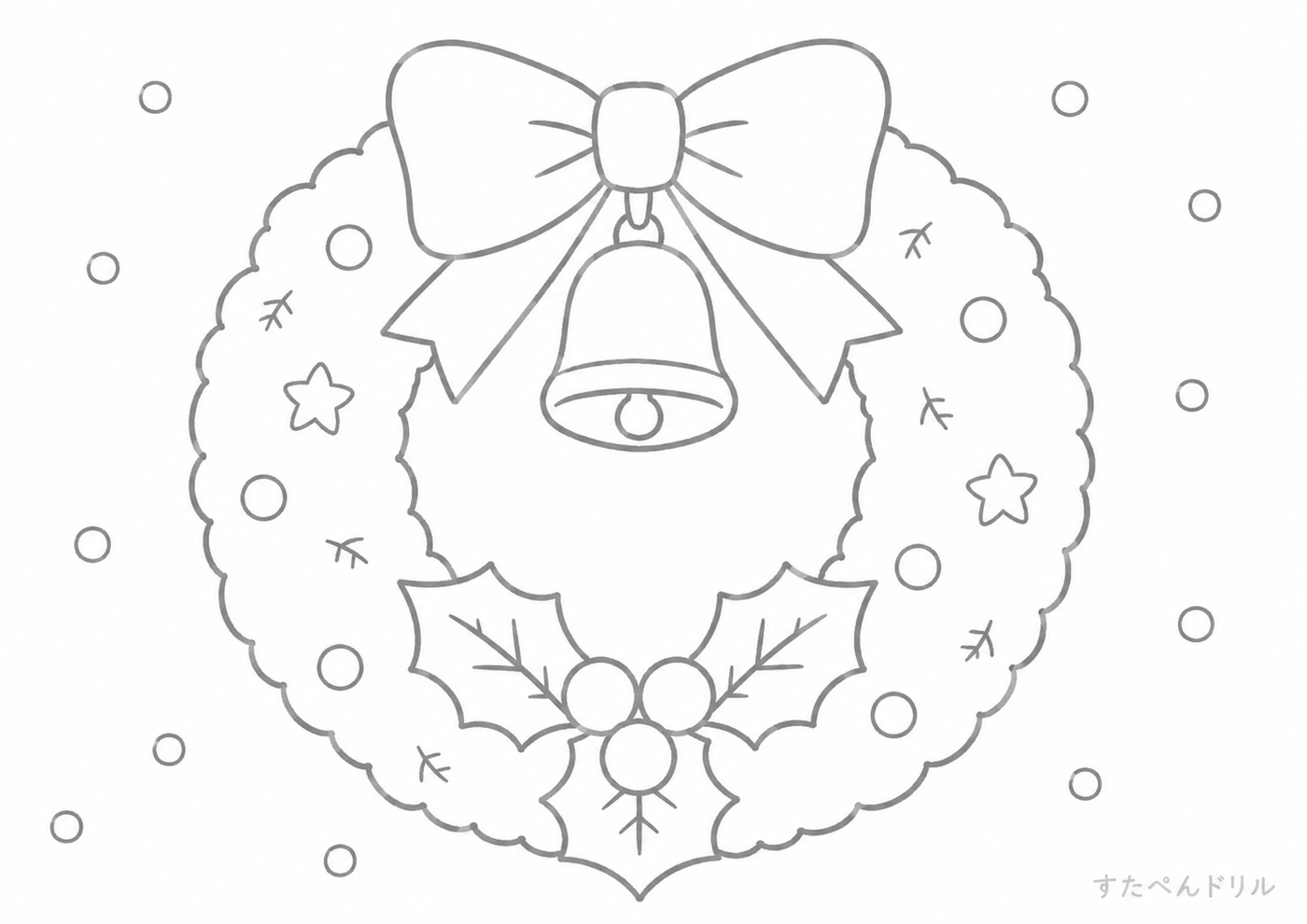 12月のぬりえ・塗り絵無料プリント「クリスマスのリースと雪」