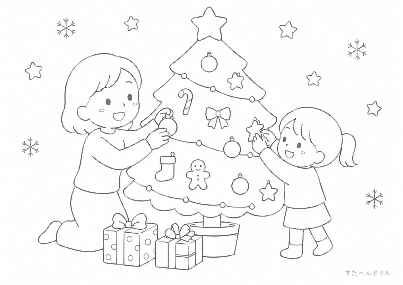 12月のぬりえ・塗り絵無料プリント「クリスマスツリーの飾り付け」