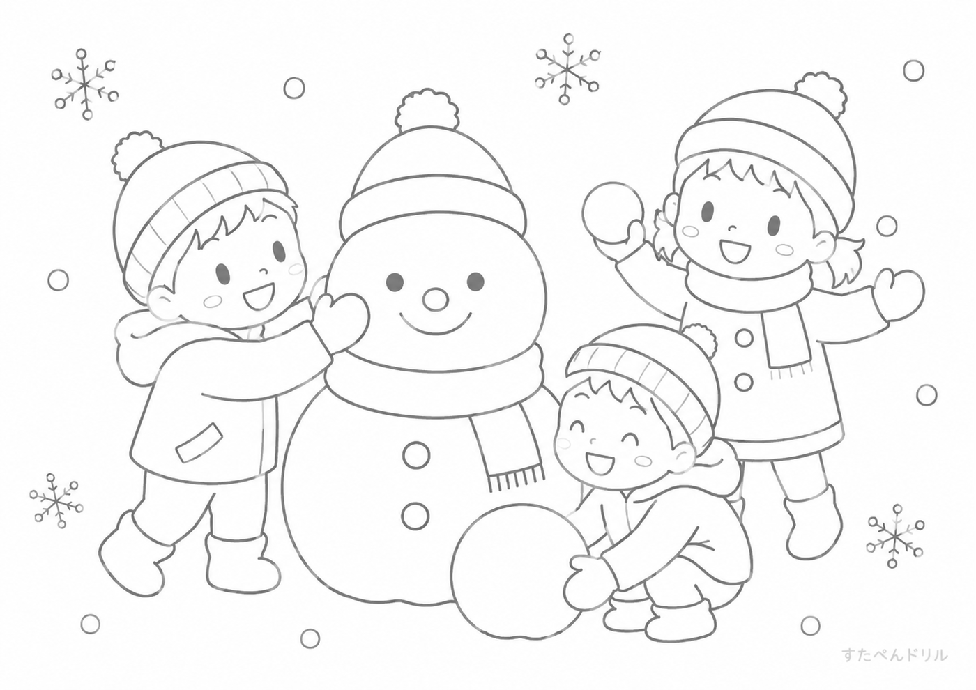 12月のぬりえ・塗り絵無料プリント「冬の雪だるまと遊ぶこどもたち」