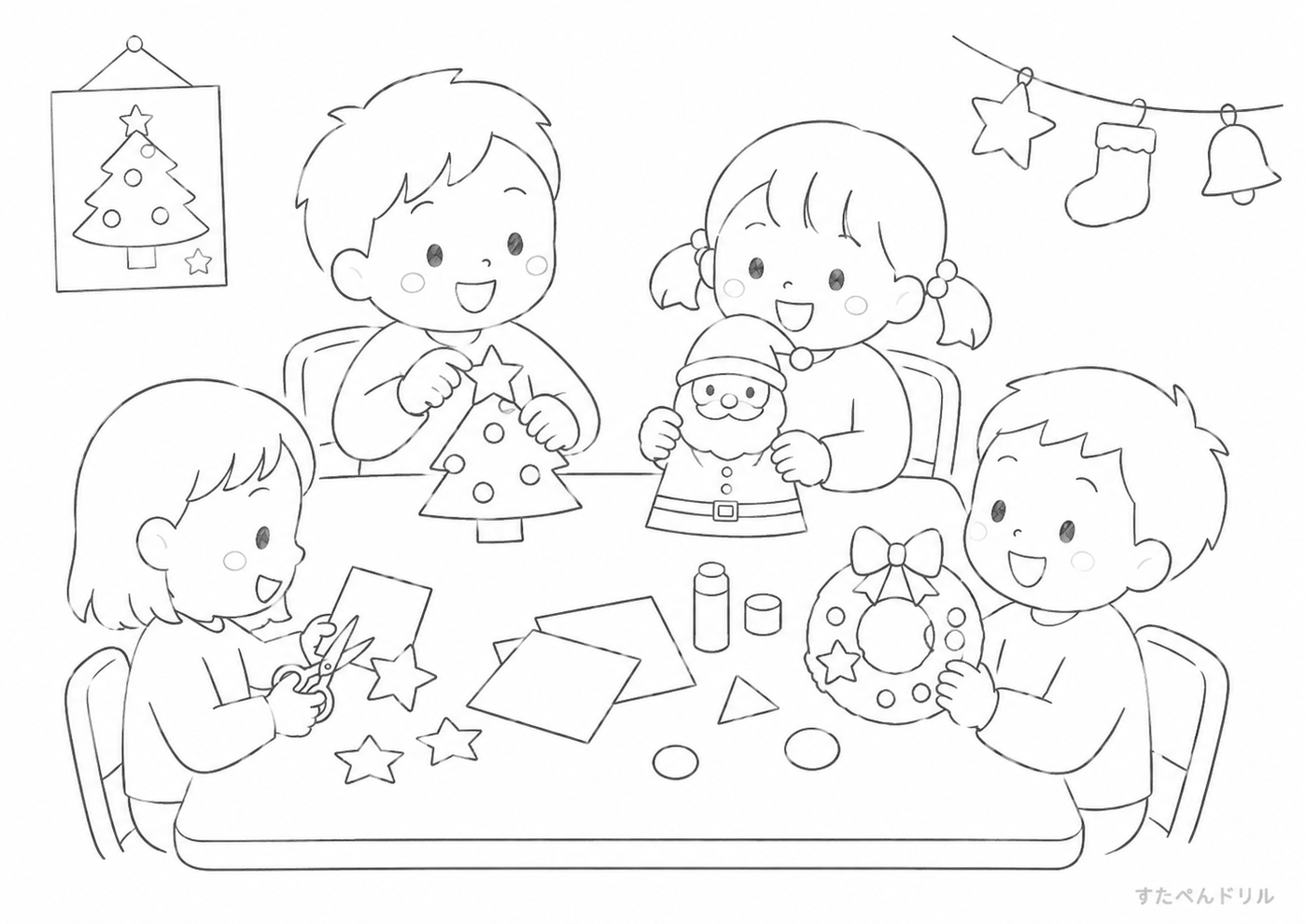 12月のぬりえ・塗り絵無料プリント「クリスマスの工作時間」