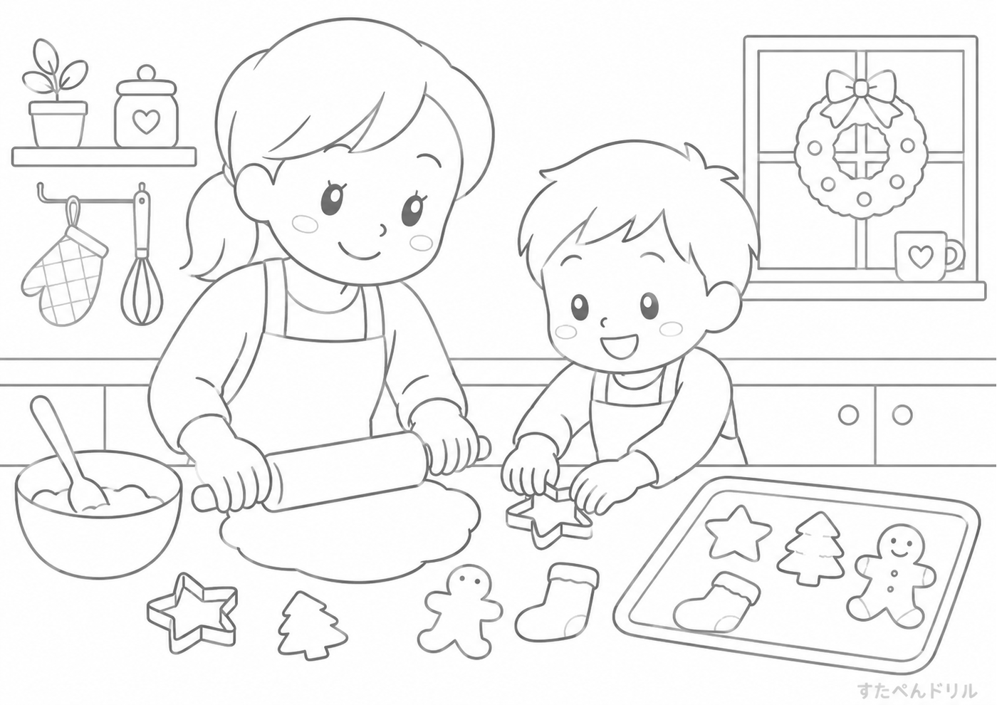12月のぬりえ・塗り絵無料プリント「親子でクッキーを焼く時間」