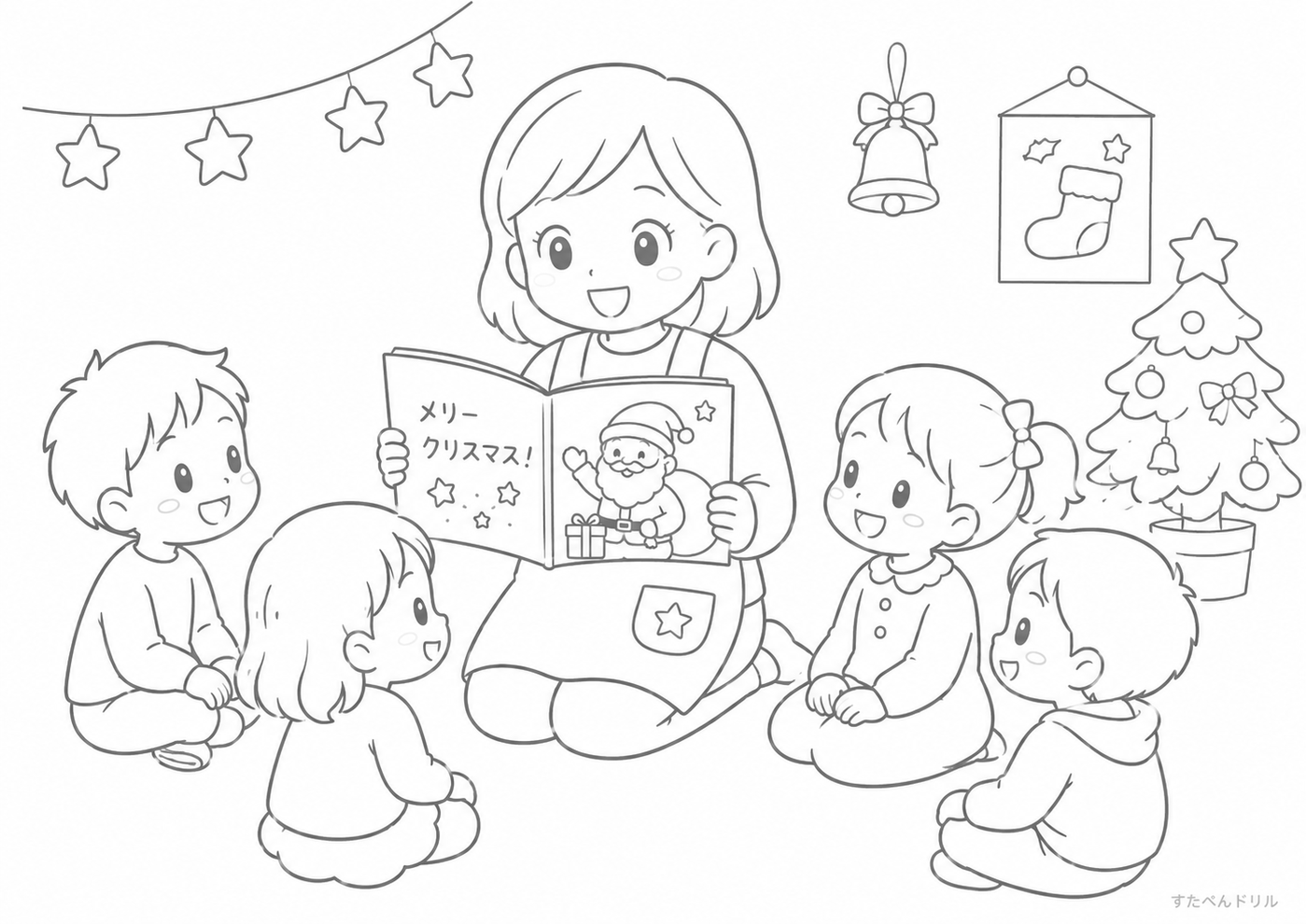 12月のぬりえ・塗り絵無料プリント「クリスマスの絵本の読み聞かせ」