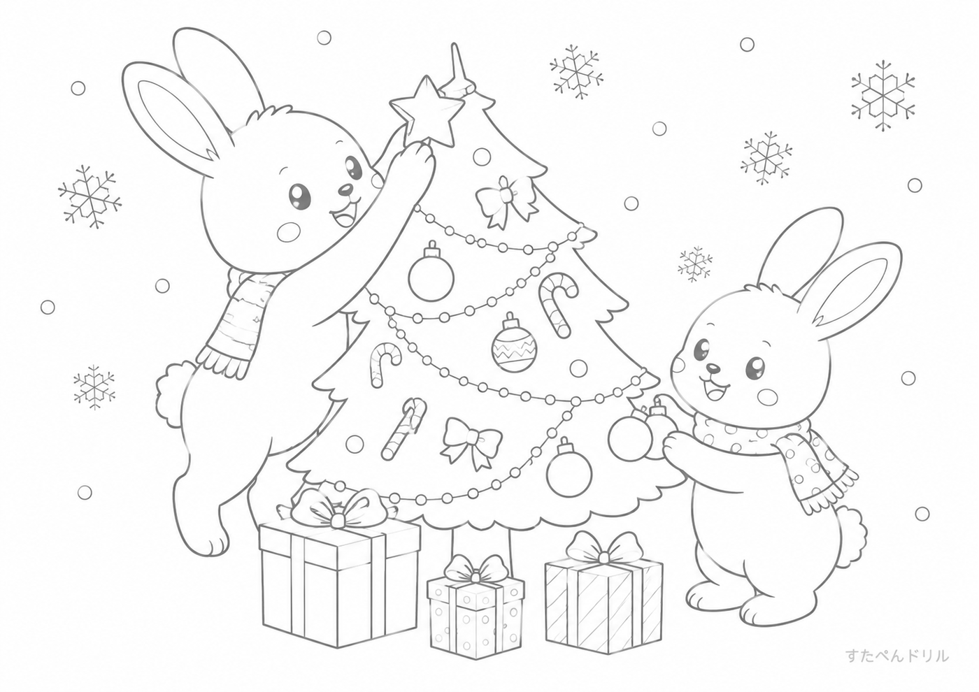 12月のぬりえ・塗り絵無料プリント「ウサギたちのクリスマスツリー飾り」