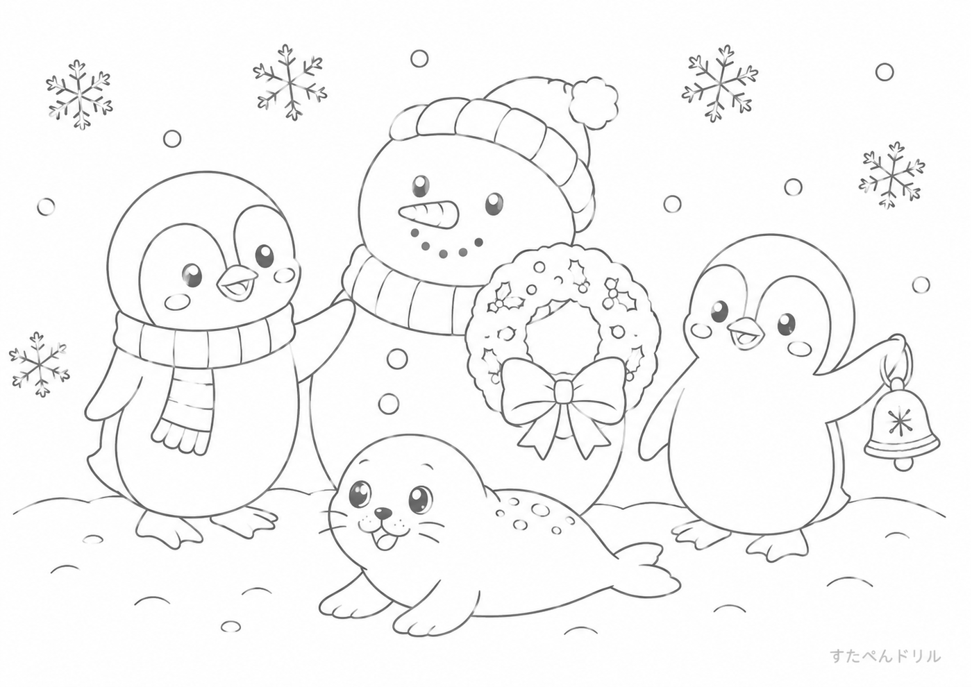 12月のぬりえ・塗り絵無料プリント「雪だるまと動物たちのクリスマス」
