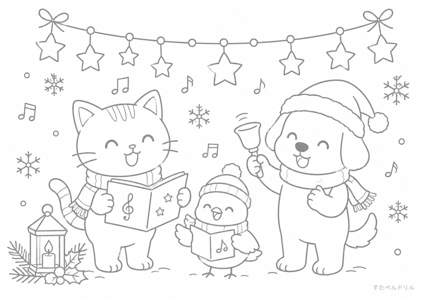 12月のぬりえ・塗り絵無料プリント「かわいい動物たちのクリスマスキャロル」