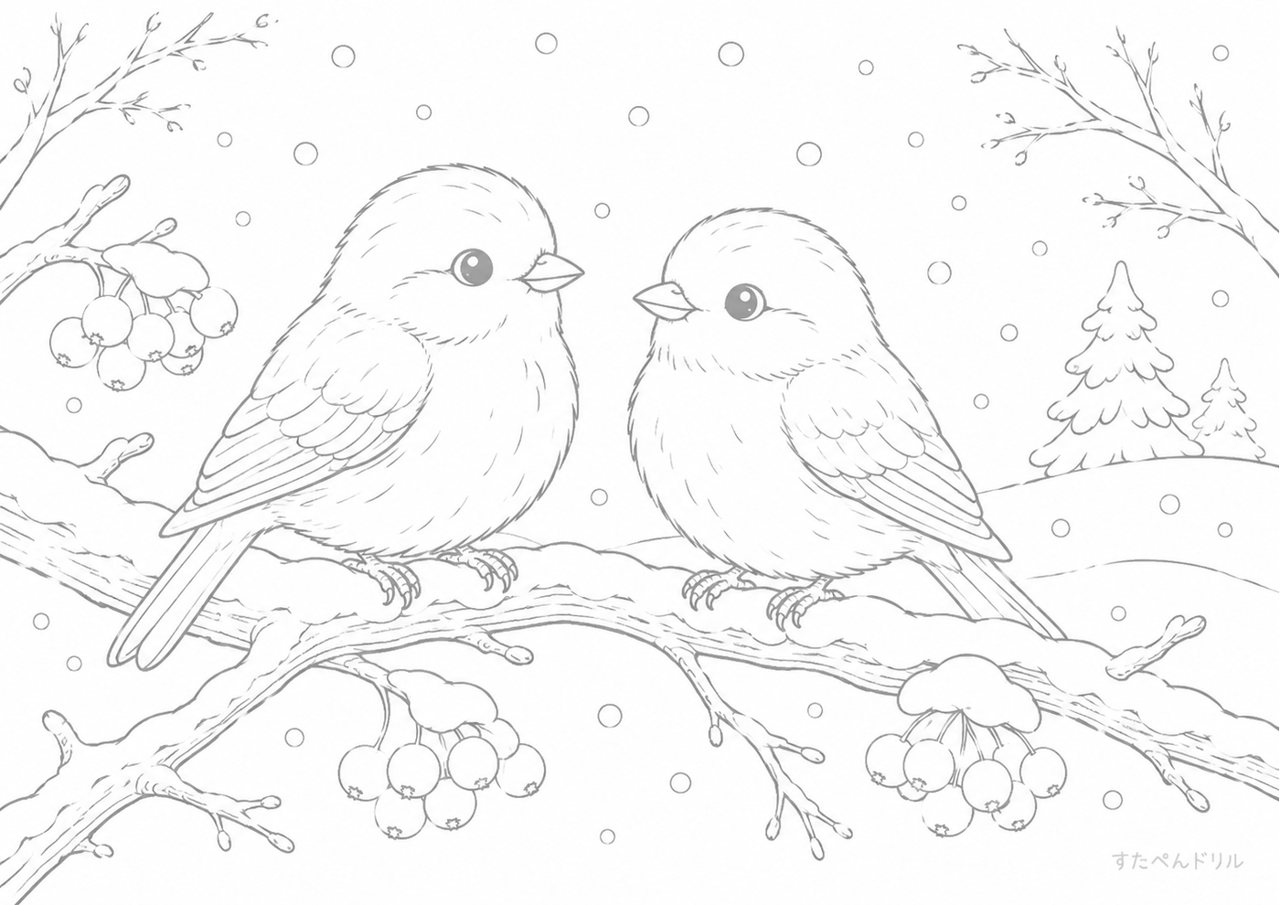 12月のぬりえ・塗り絵無料プリント「雪の中の可愛い小鳥たち」