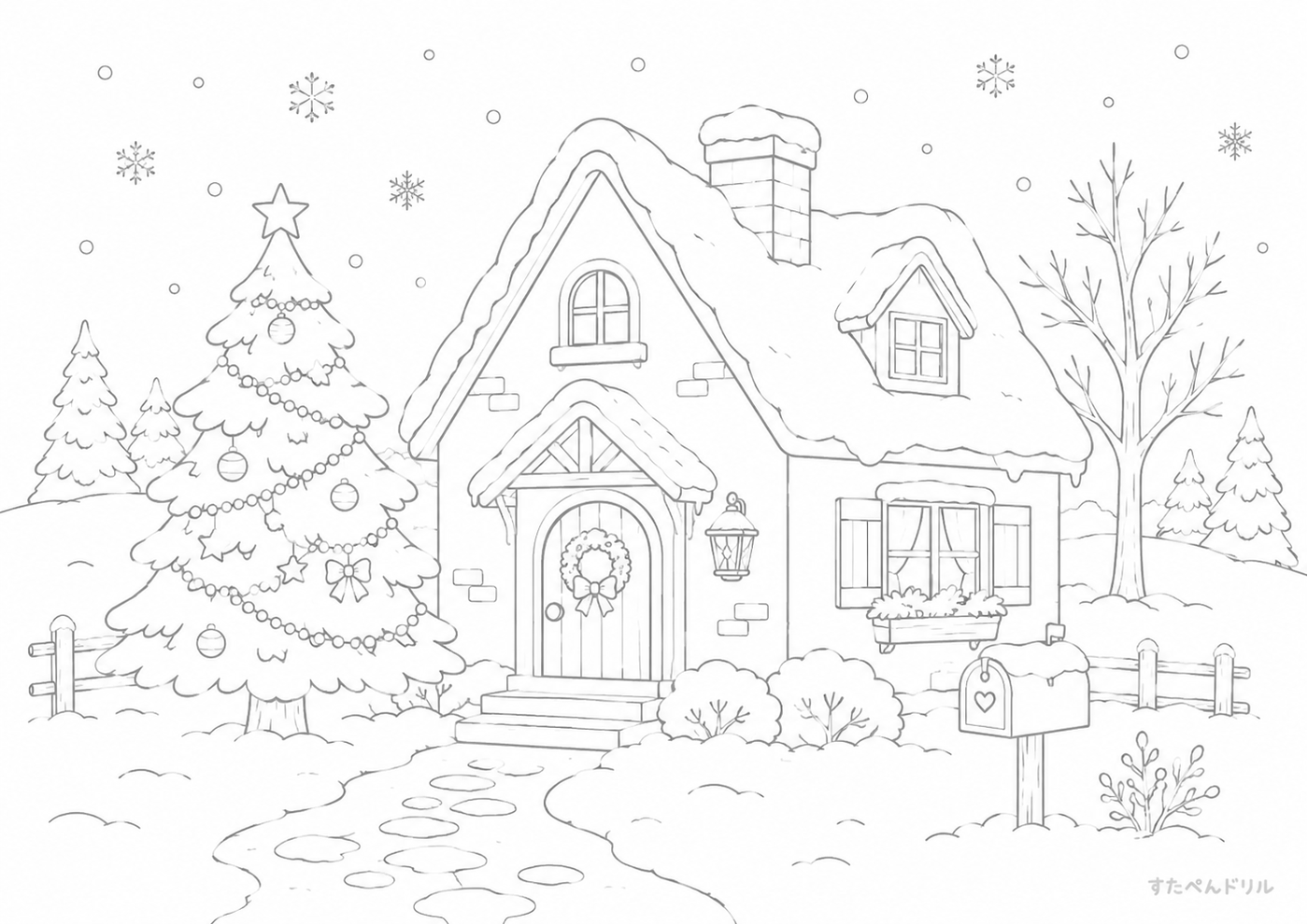 12月のぬりえ・塗り絵無料プリント「雪景色の家とクリスマスツリー」