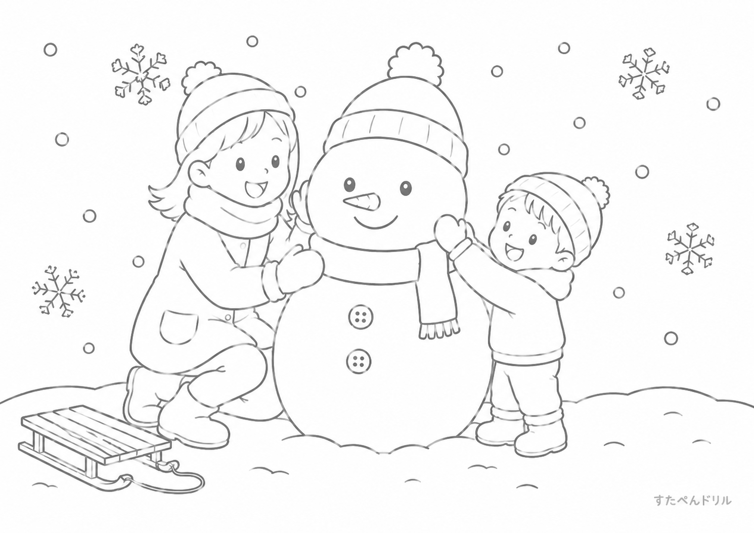 2月のぬりえ 親子で雪だるま作り 無料PDFプリント