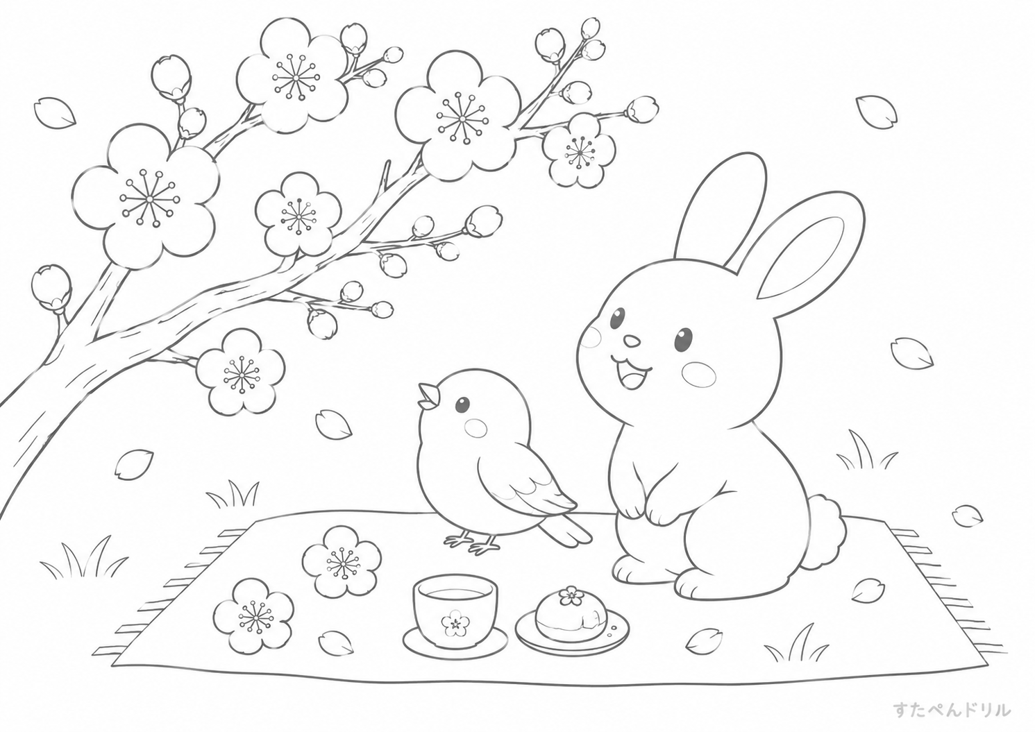 2月のぬりえ 春のピクニックと梅の花 無料PDFプリント