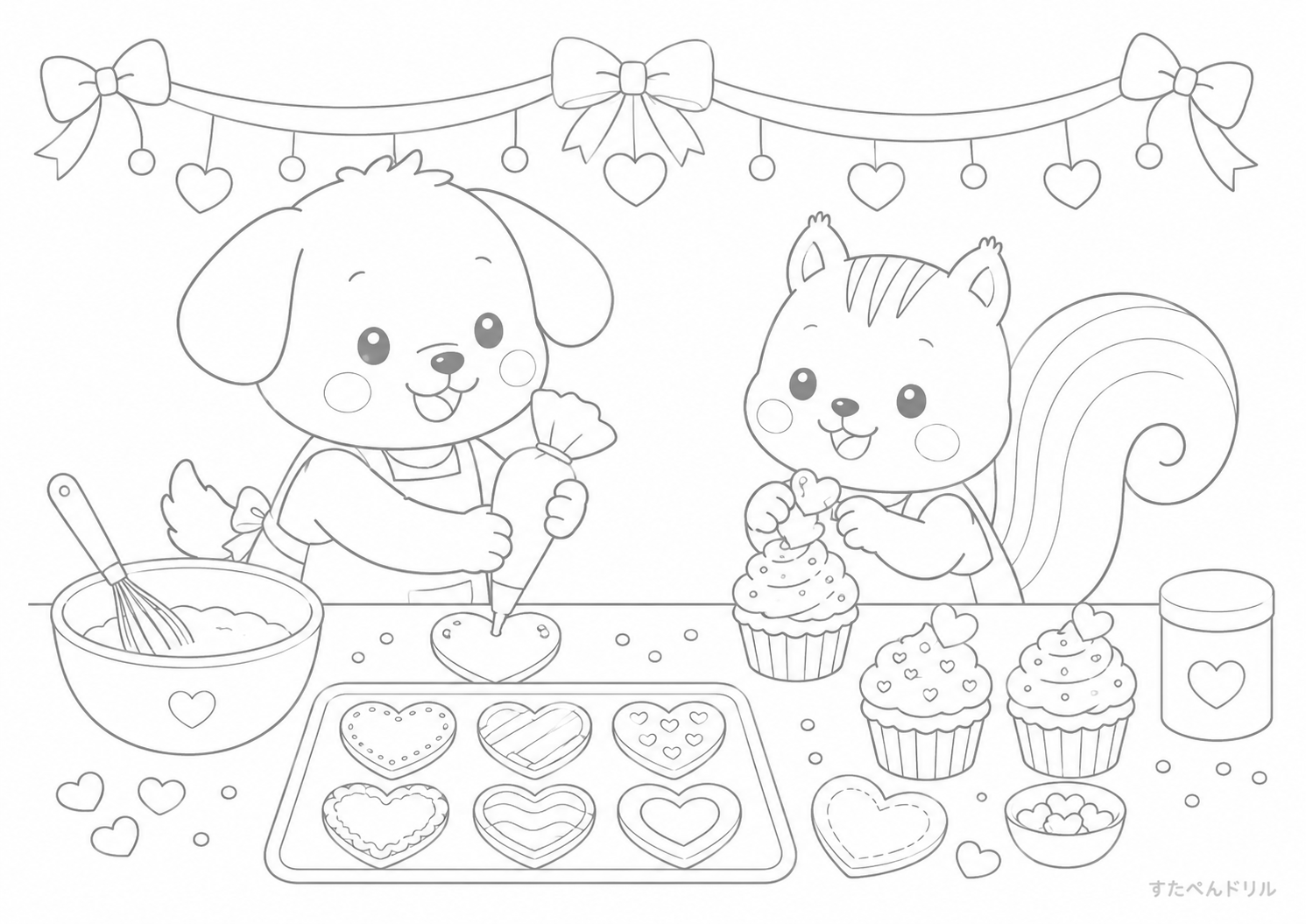 2月のぬりえ バレンタインのかわいいお料理タイム 無料PDFプリント