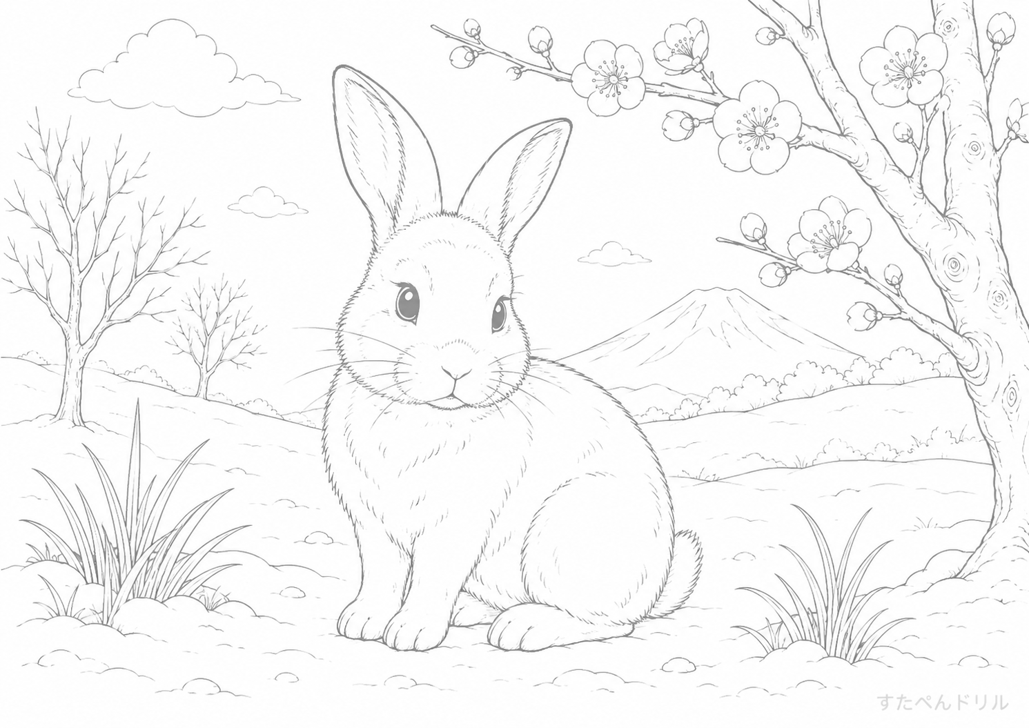 2月のぬりえ 冬の景色とかわいいウサギ 無料PDFプリント