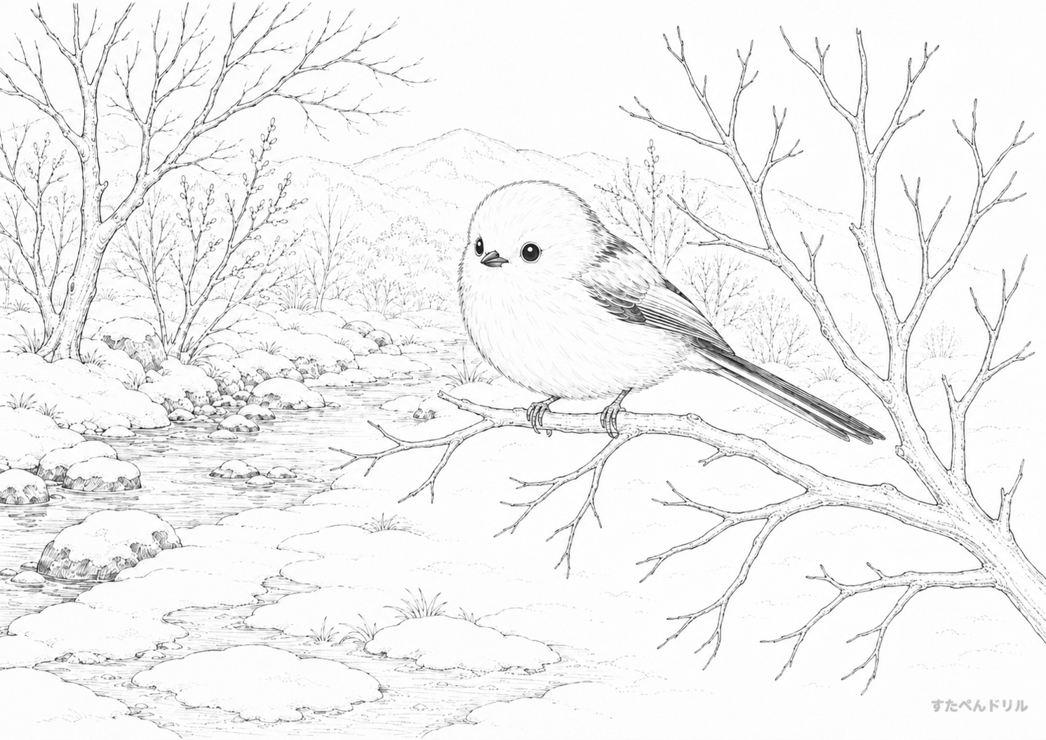 2月のぬりえ 冬の川辺の小鳥 無料PDFプリント