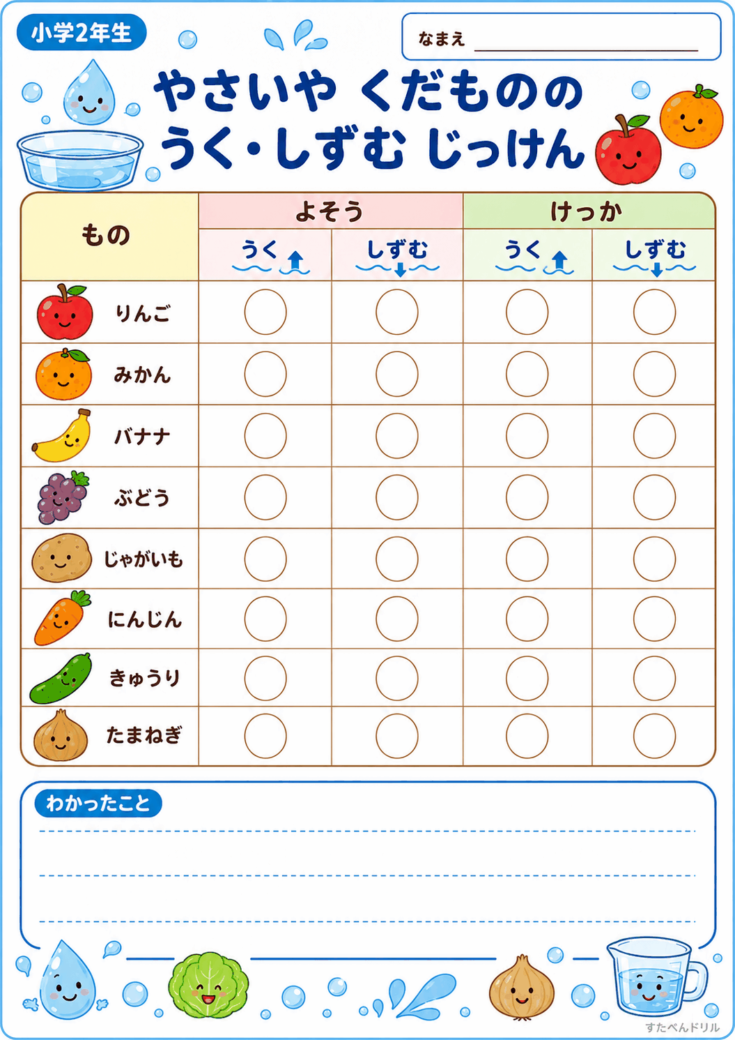やさいやくだものの うく・しずむ じっけんプリント 小学2年生用|8種類の無料PDF