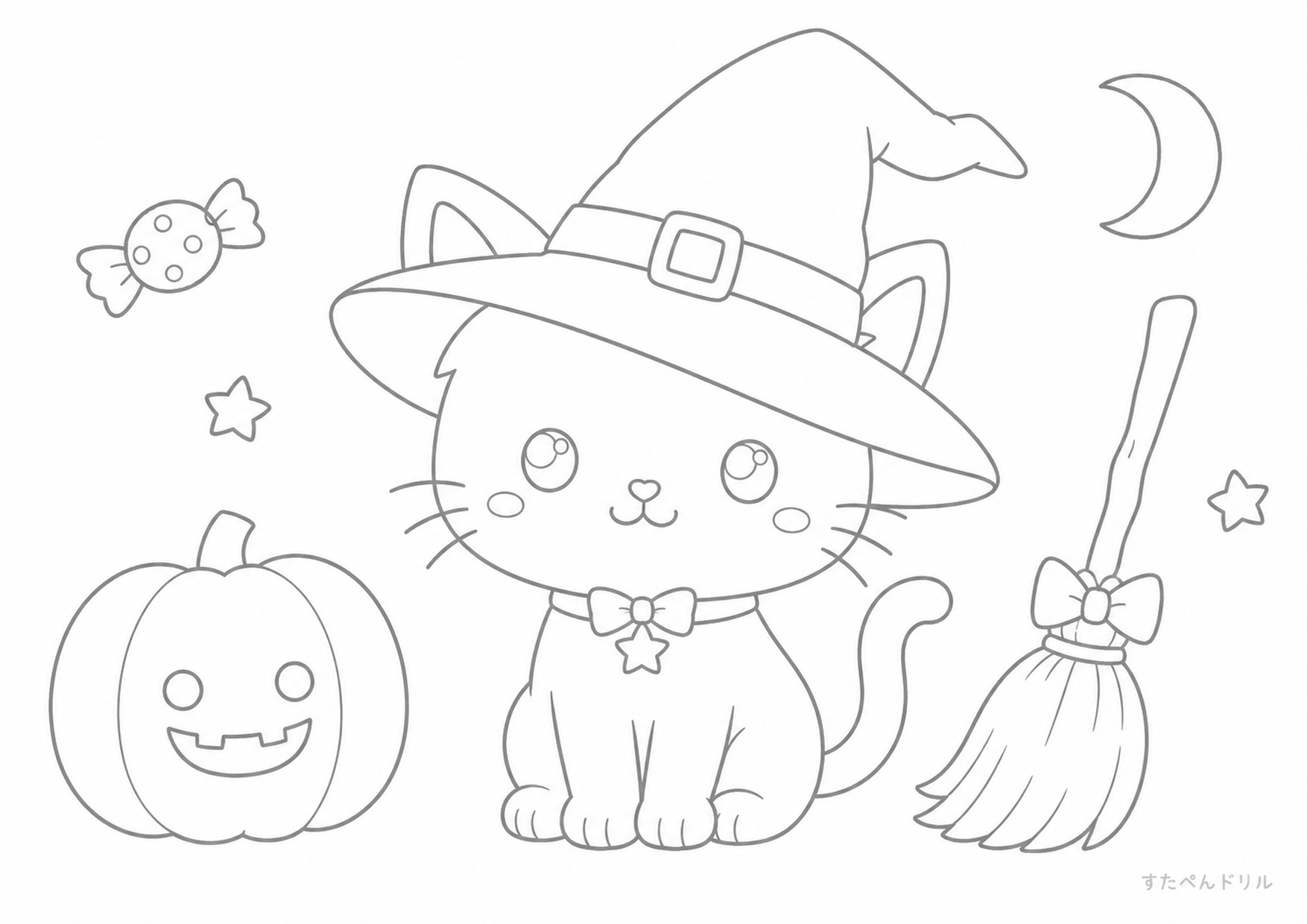 ハロウィン ぬりえ 03 かわいい猫の魔女帽子