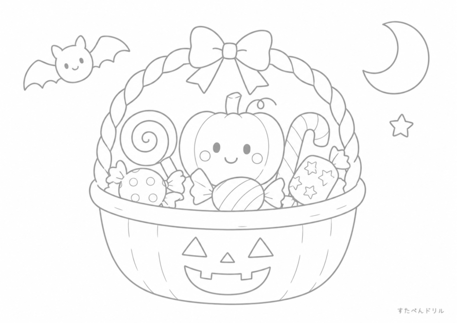 ハロウィン ぬりえ 15 かわいいハロウィンのお菓子かご(かわいい定番・無料プリント)
