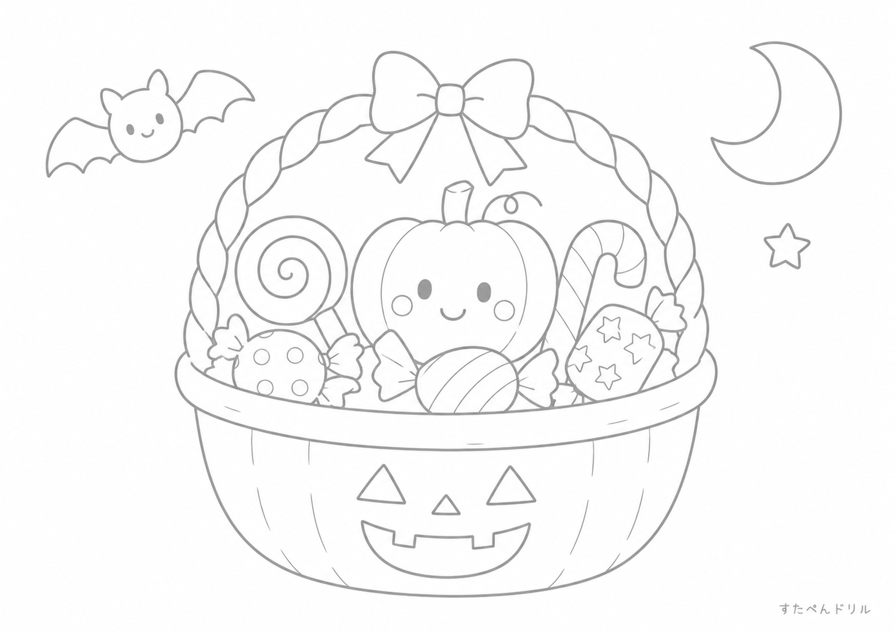ハロウィン ぬりえ 05 かわいいハロウィンのお菓子かご