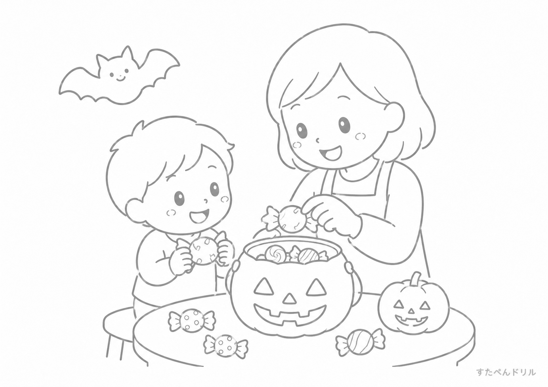 ハロウィン ぬりえ 06 親子でハロウィンのお菓子タイム