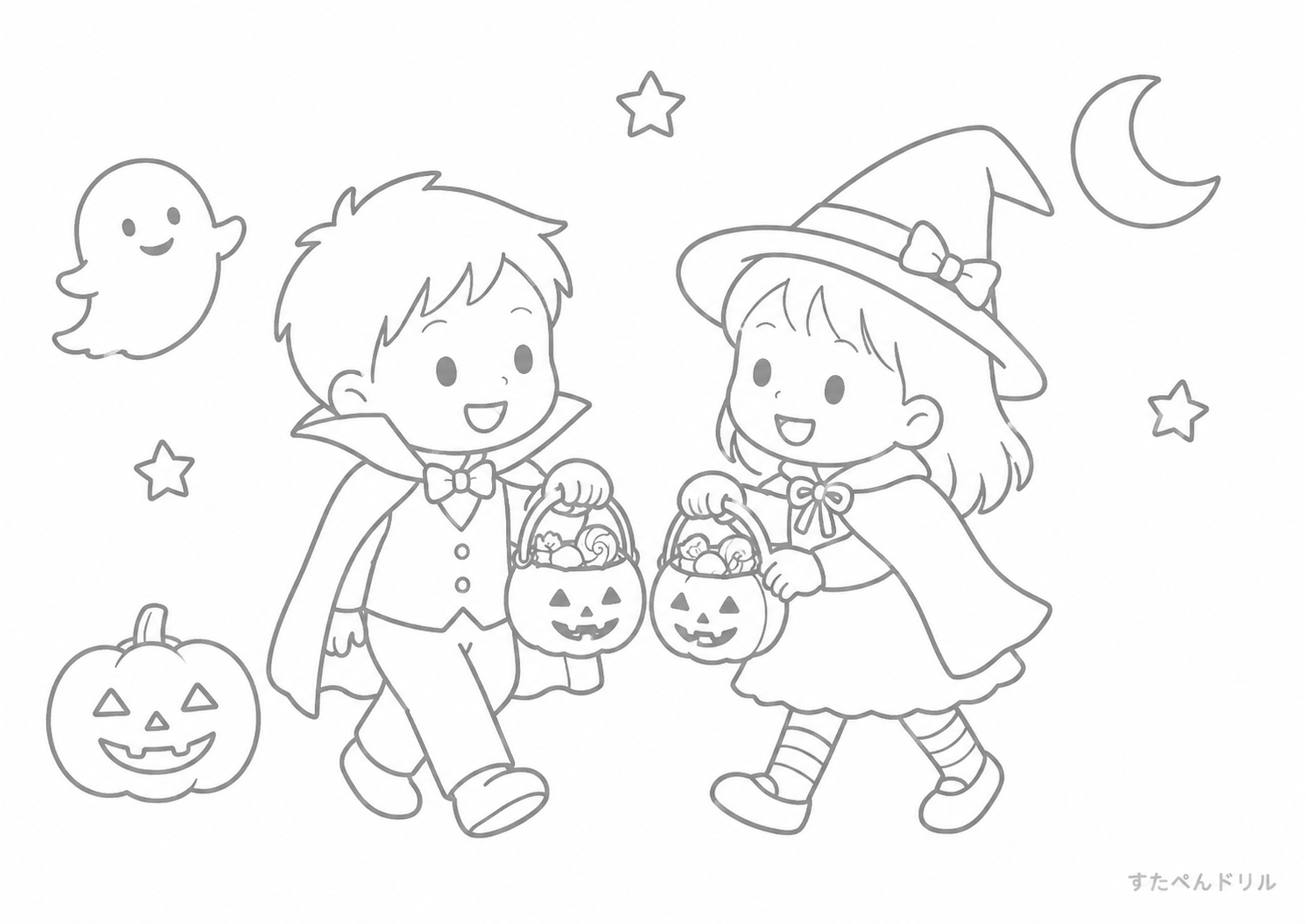ハロウィン ぬりえ 07 仮装した子どもたちのハロウィン