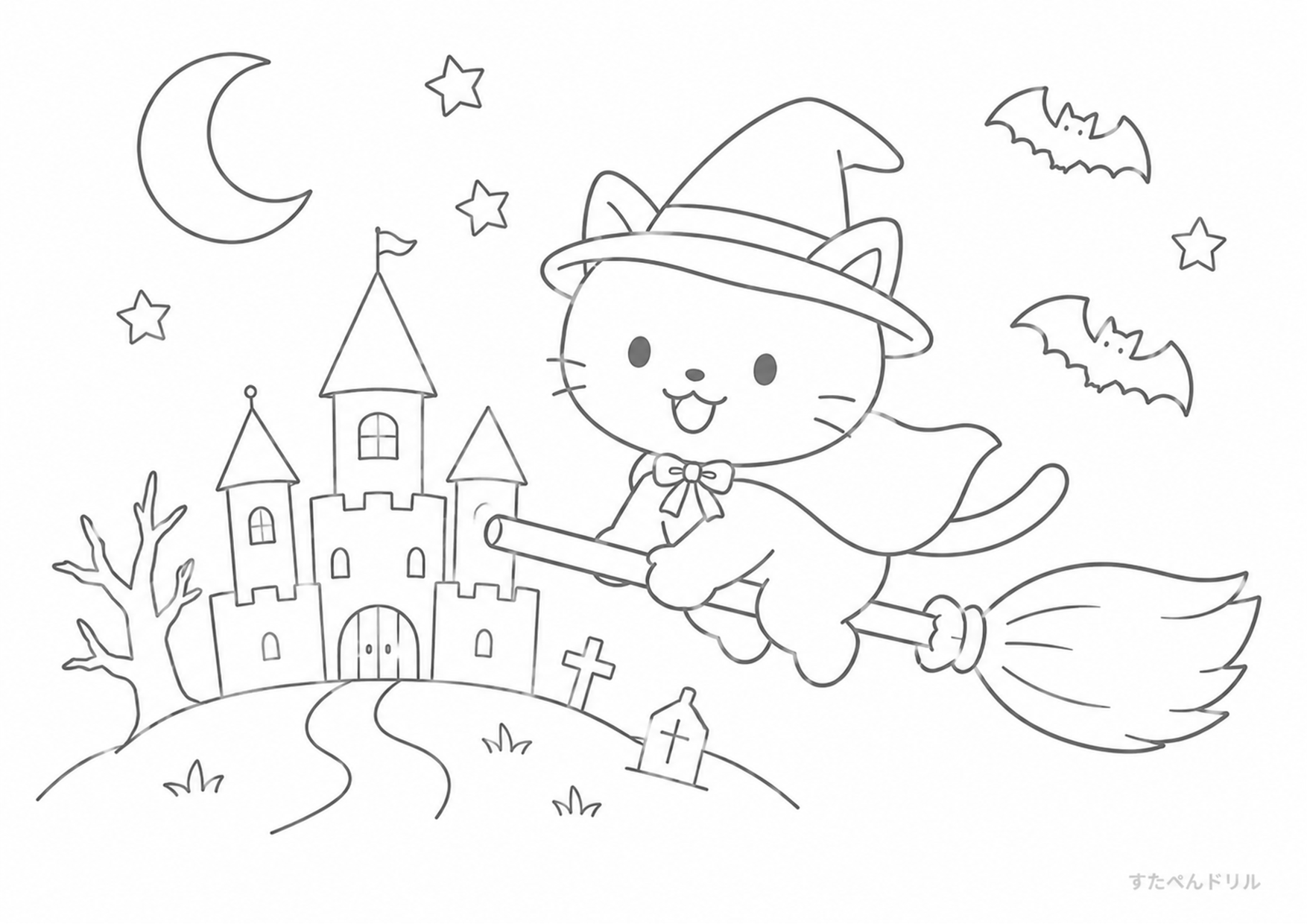 ハロウィン ぬりえ 11 空を飛ぶ猫の魔女