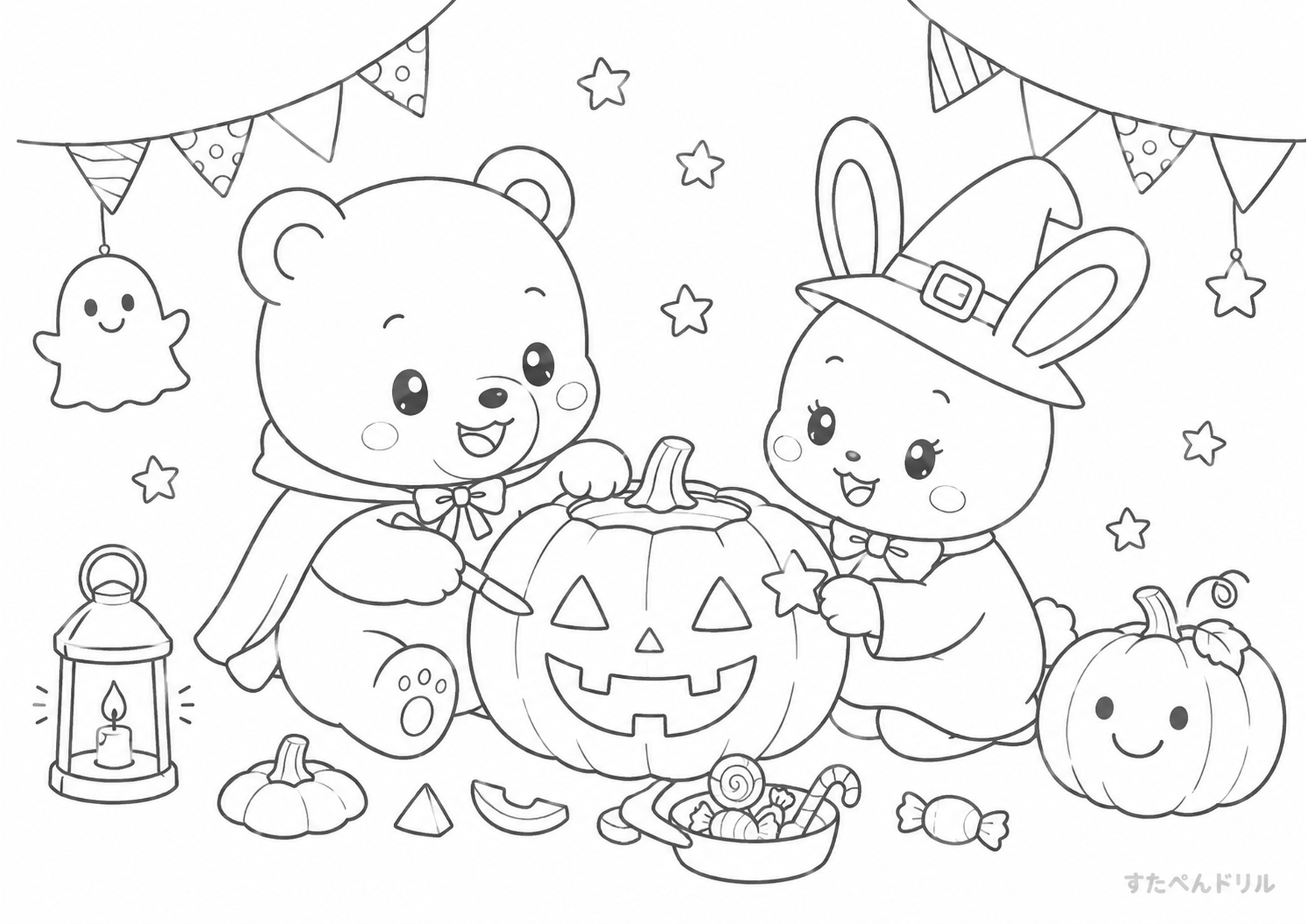 ハロウィン ぬりえ 13 くまとうさぎのかぼちゃ作り