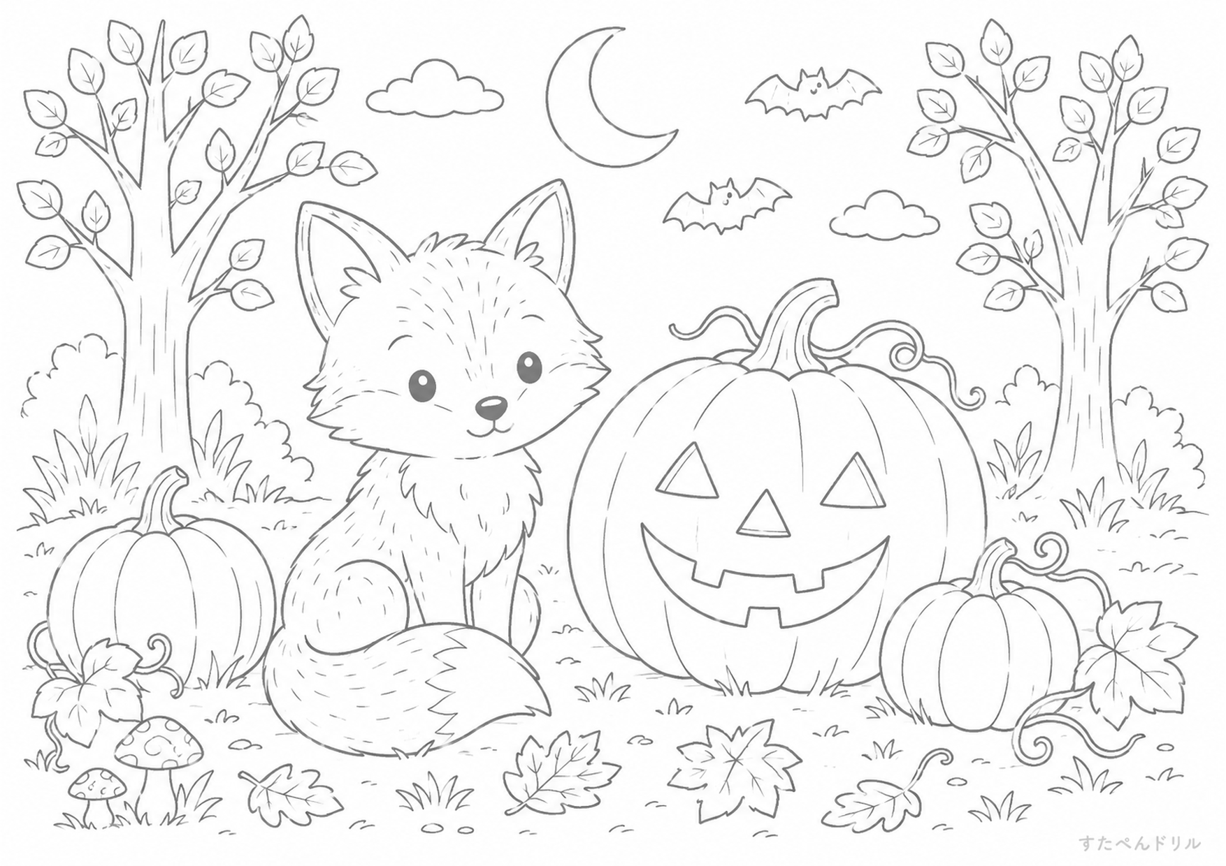 ハロウィン ぬりえ 16 秋の夜の森とキツネ