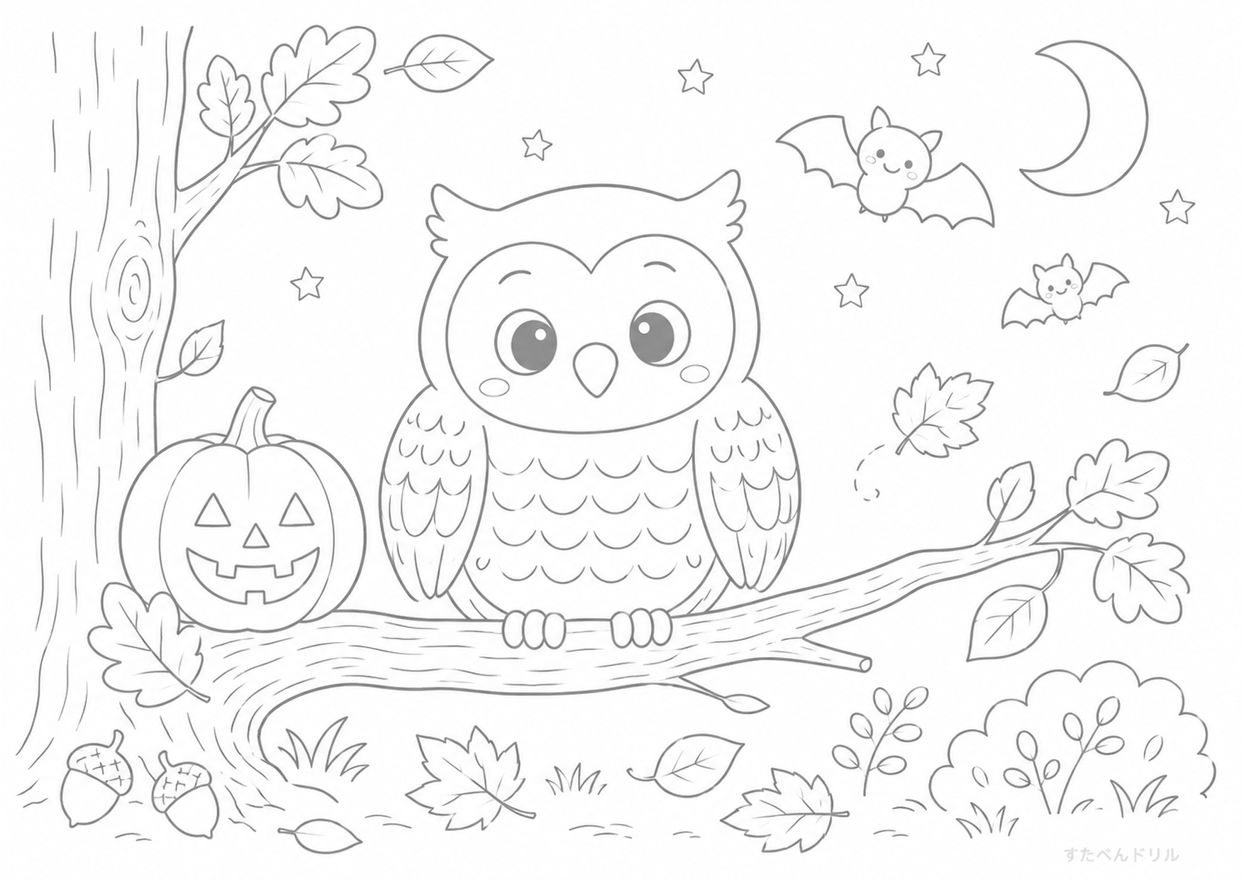 ハロウィン ぬりえ 17 かわいいフクロウと秋の風景