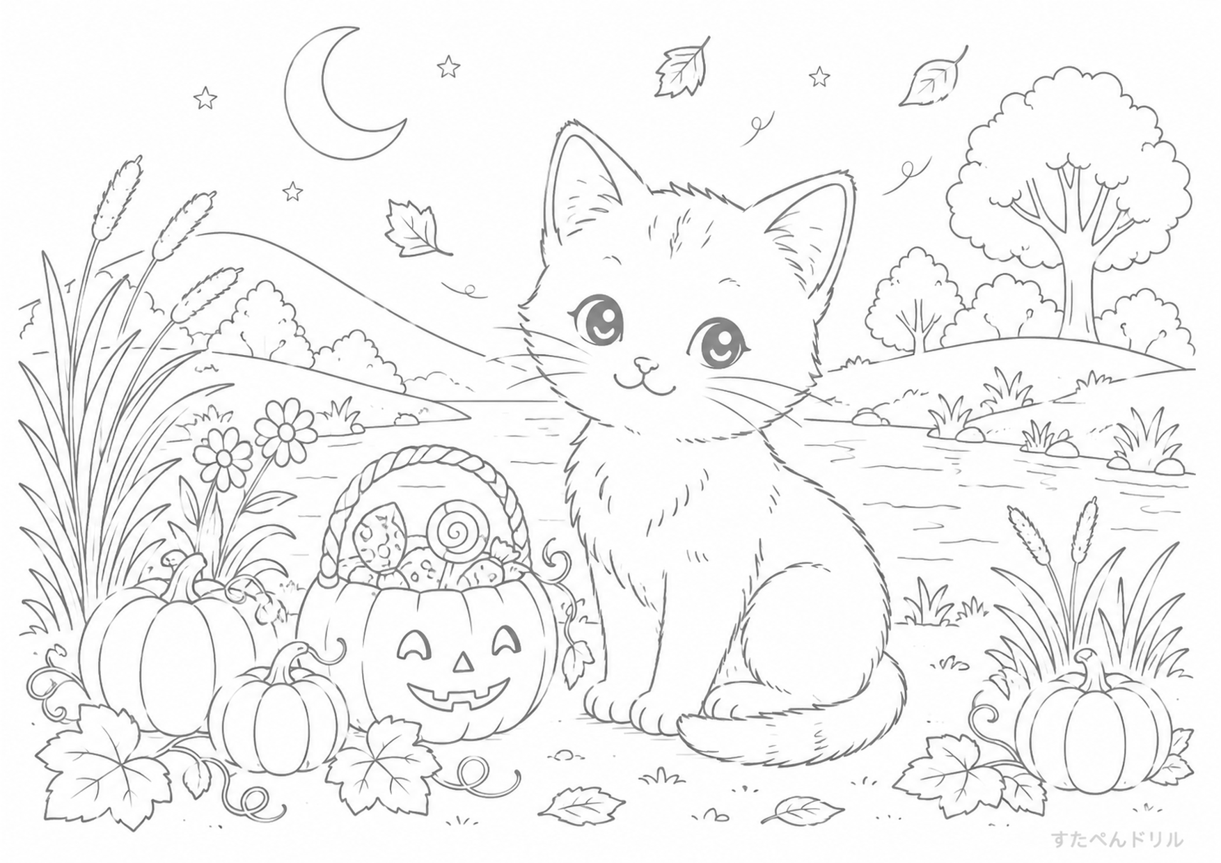 ハロウィン ぬりえ 18 かわいい秋の夜の風景