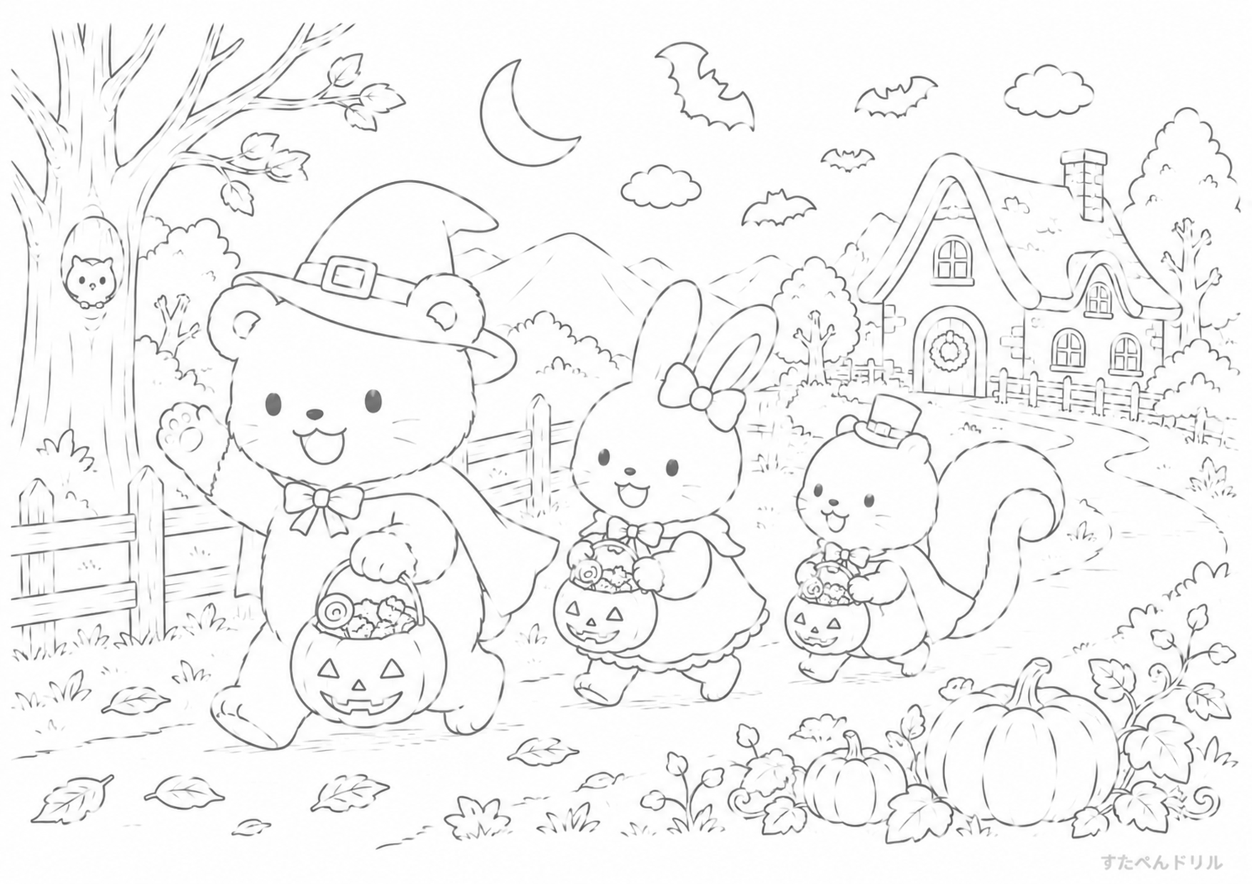 ハロウィン ぬりえ 20 田舎道のハロウィン散歩