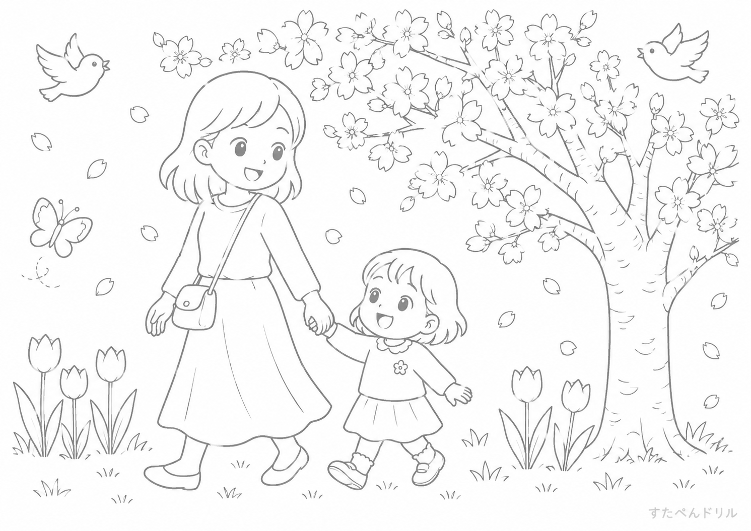 ちょうちょと花畑のぬりえ 無料プリント PDFダウンロード