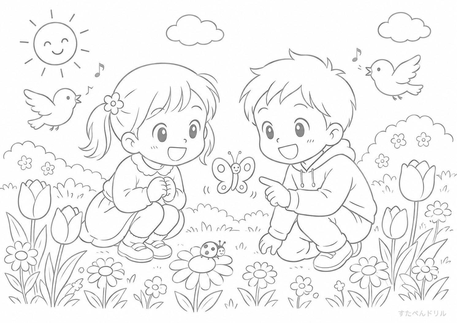 てんとう虫と草花のぬりえ 無料プリント PDFダウンロード