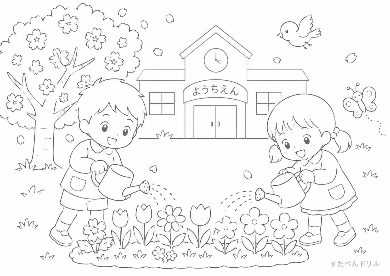小鳥と春の木のぬりえ 無料プリント PDFダウンロード