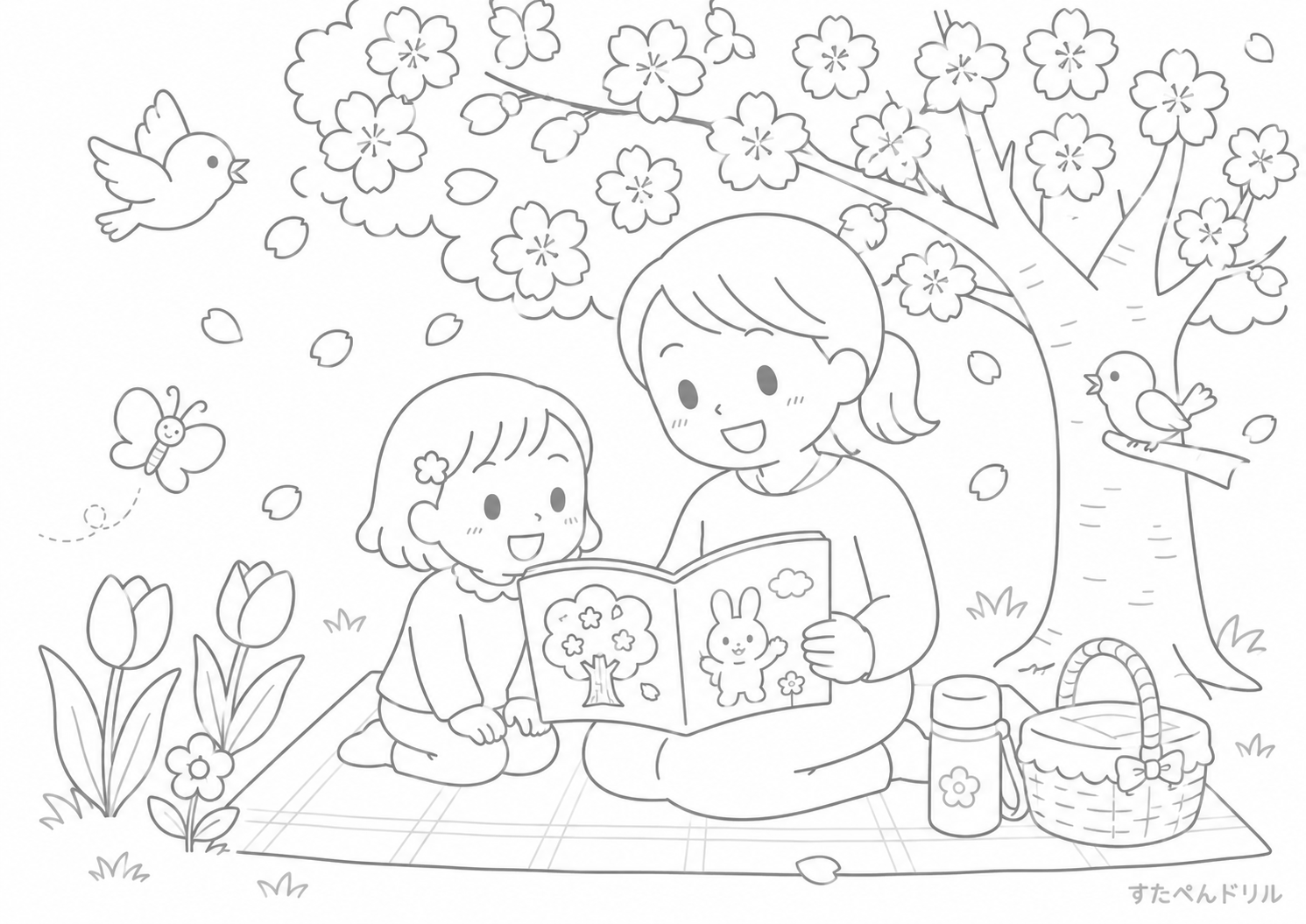 たんぽぽと虫たちのぬりえ 無料プリント PDFダウンロード