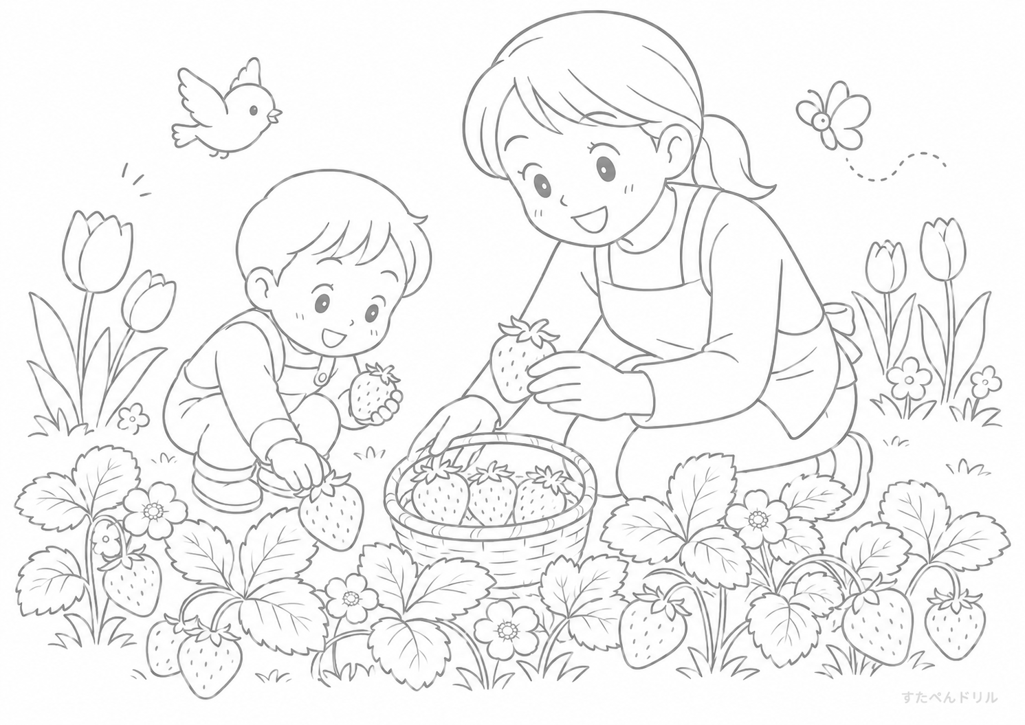 いちごの春ぬりえ 無料プリント PDFダウンロード