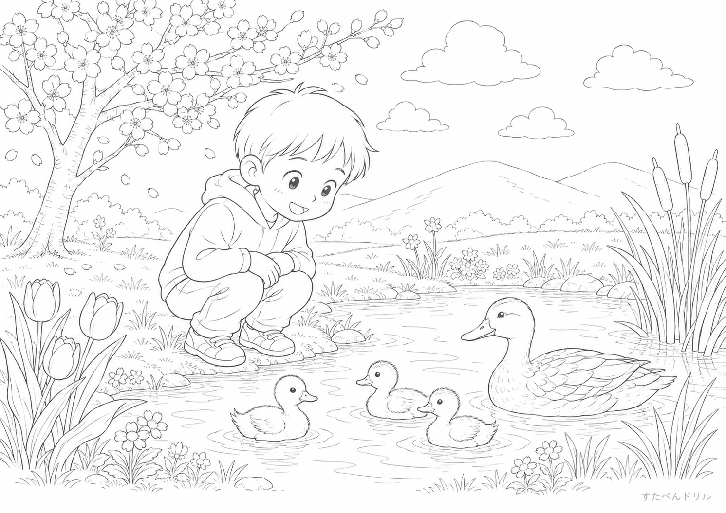 公園遊びの春ぬりえ 無料プリント PDFダウンロード