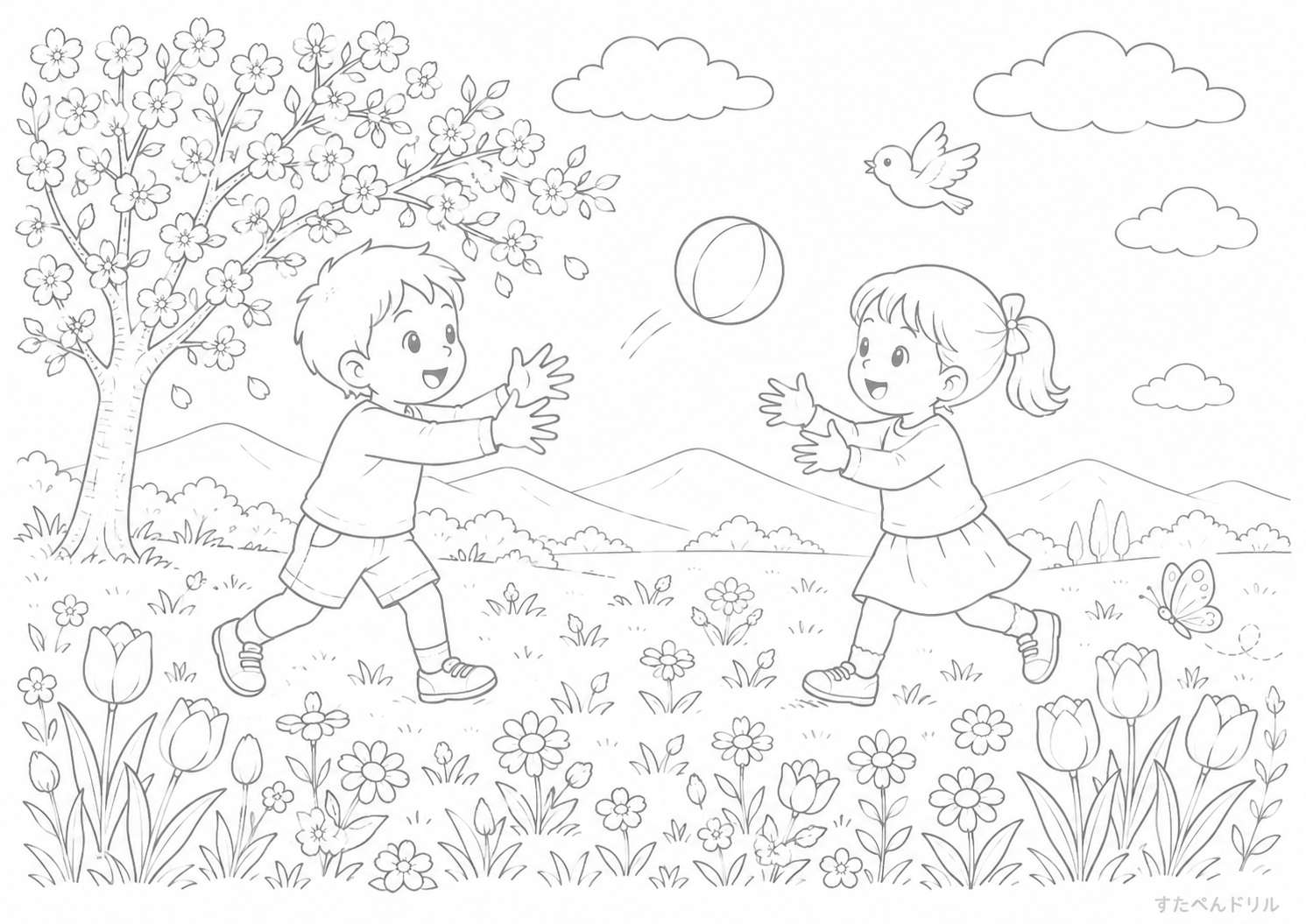 春の散歩のぬりえ 無料プリント PDFダウンロード