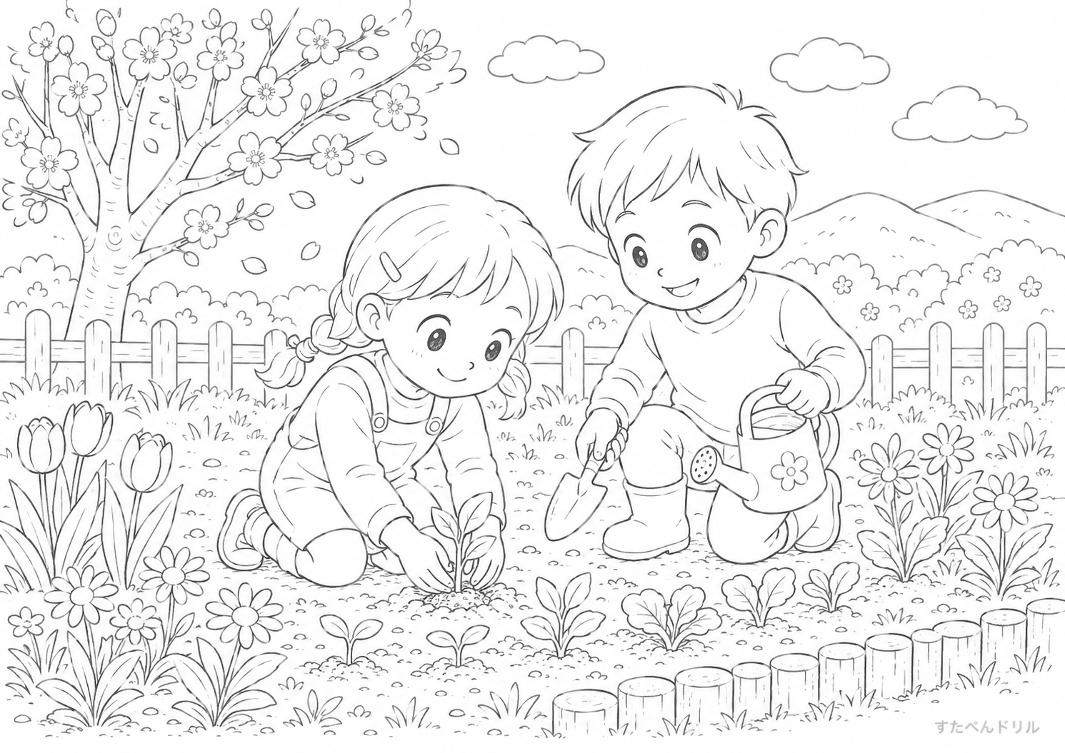 春の庭遊びのぬりえ 無料プリント PDFダウンロード