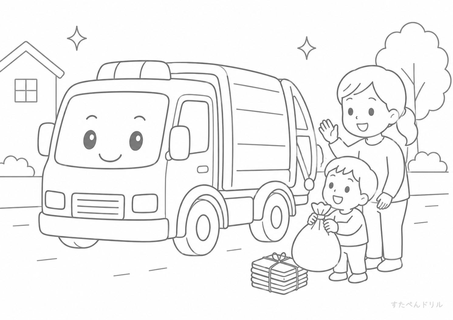 ごみ収集車のはたらく車ぬりえ無料プリント