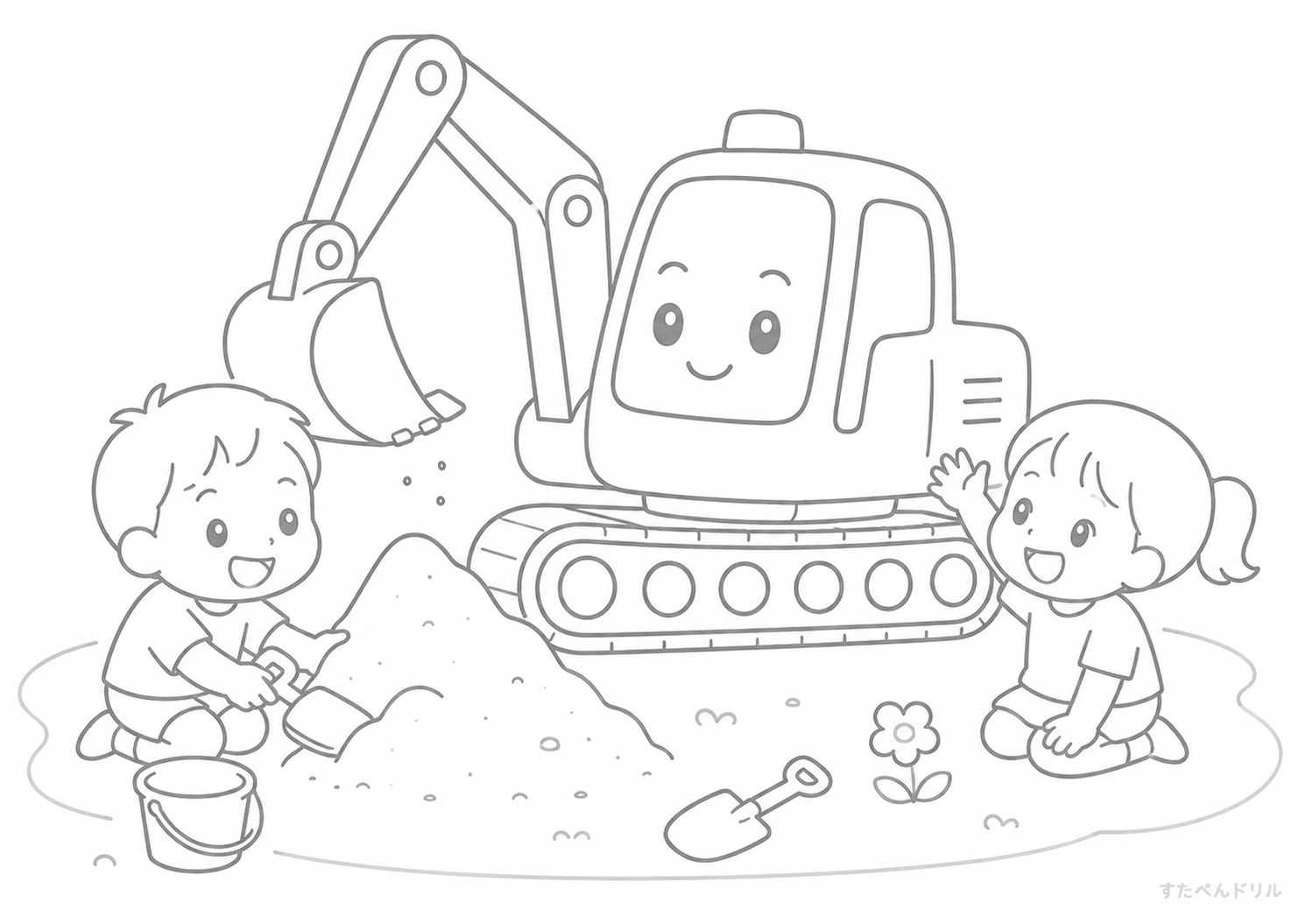 ショベルカーと子どものはたらく車ぬりえ無料プリント