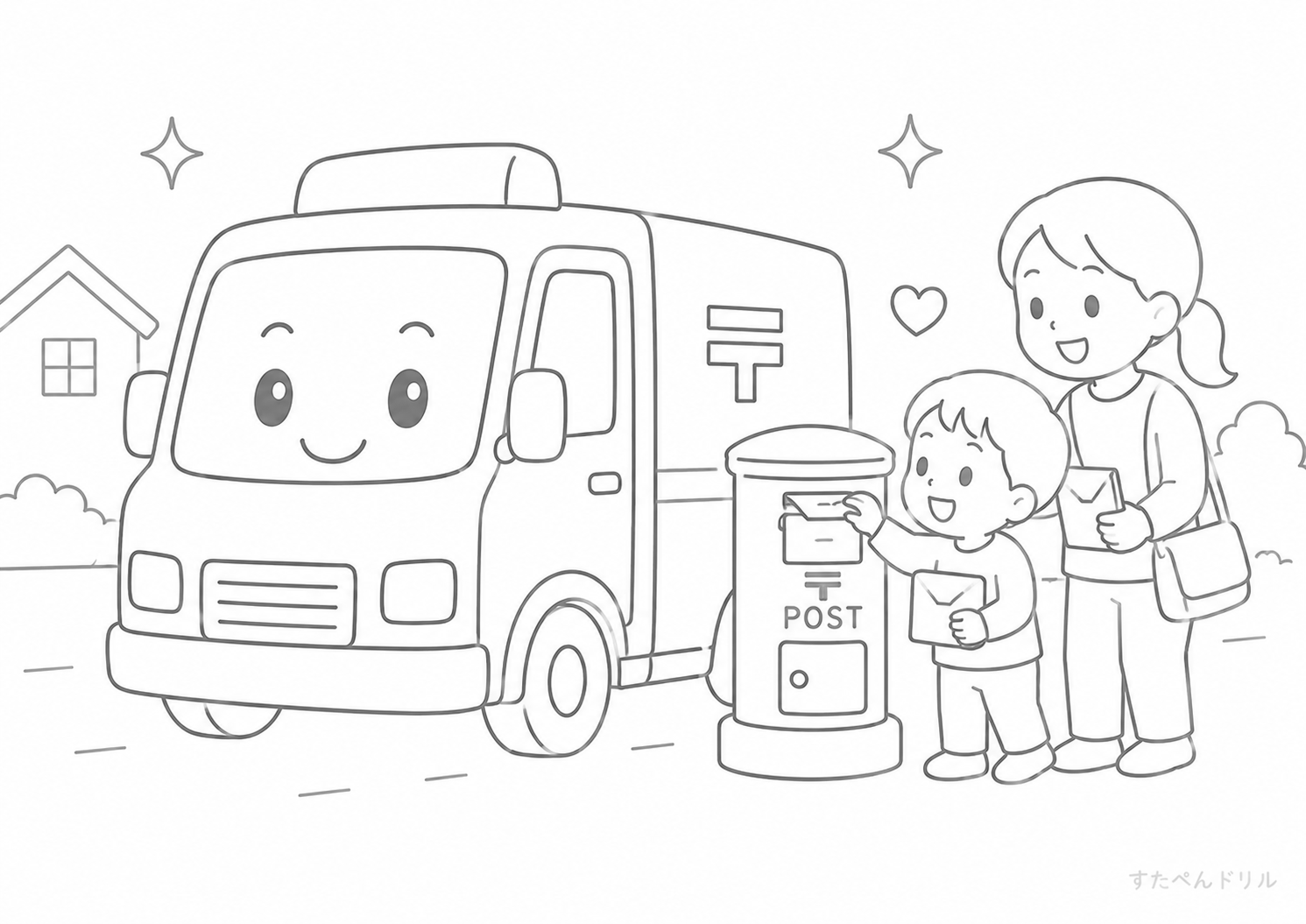 郵便車のはたらく車ぬりえ無料プリント