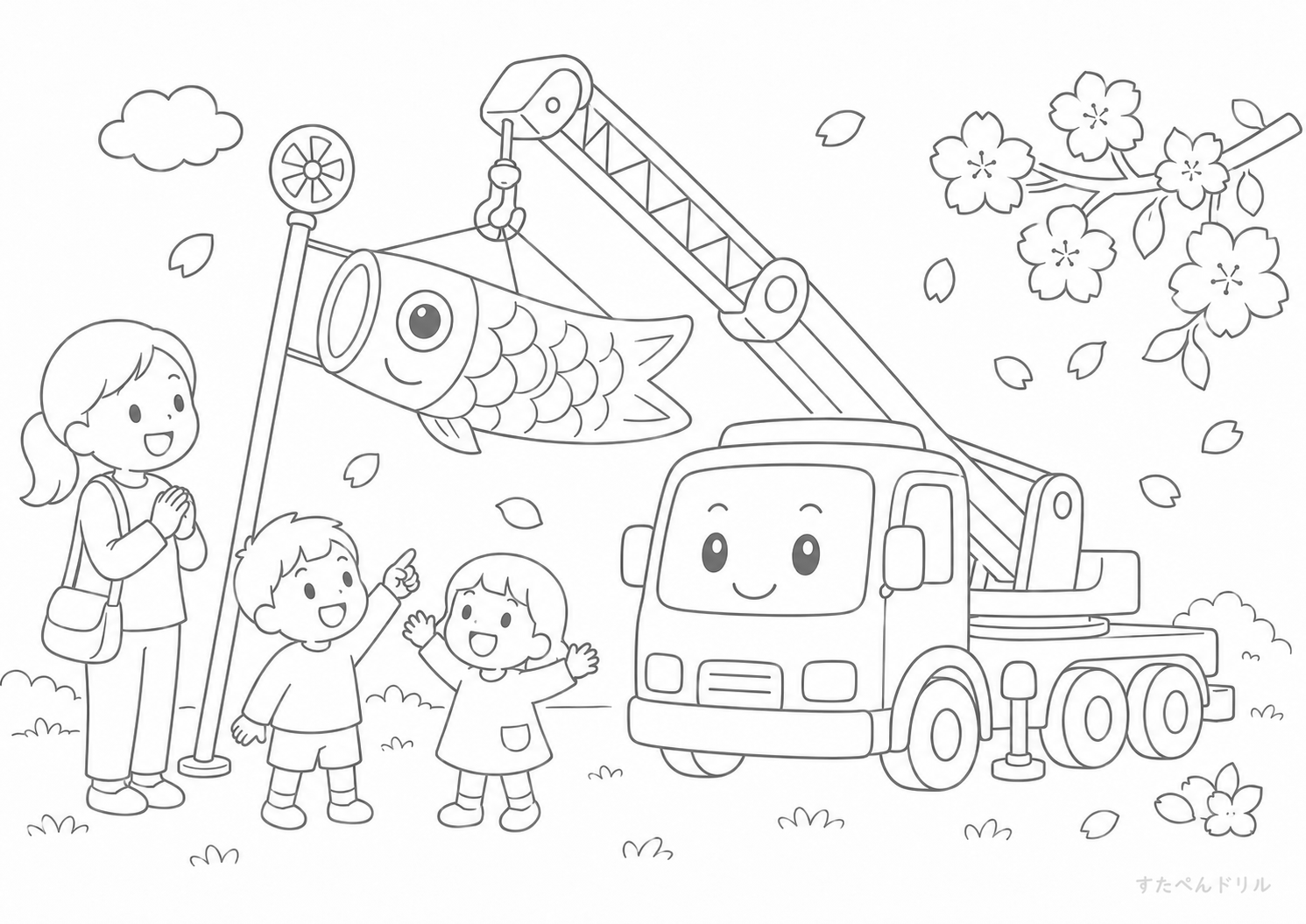 クレーン車のはたらく車ぬりえ無料プリント