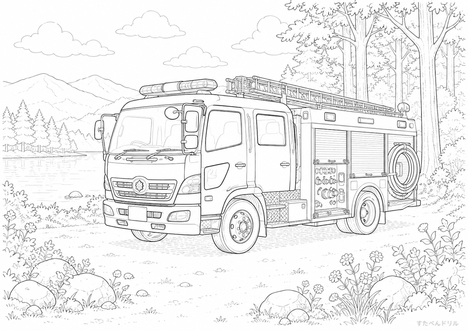 リアルな消防車のはたらく車ぬりえ無料プリント