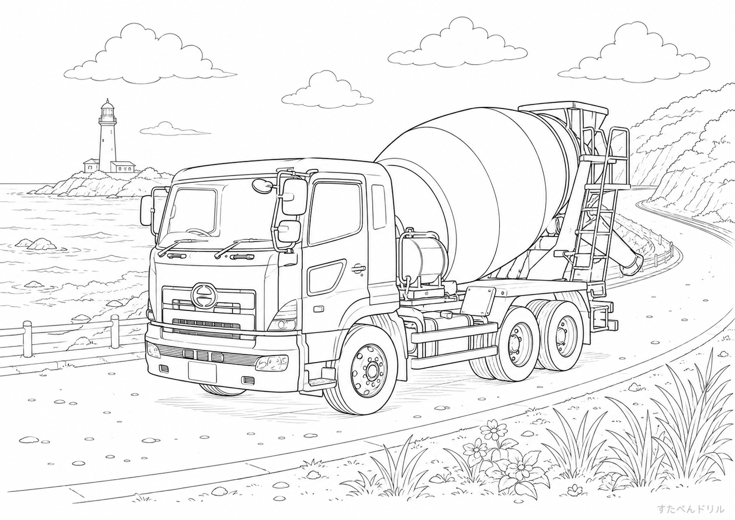 ミキサー車のはたらく車ぬりえ無料プリント