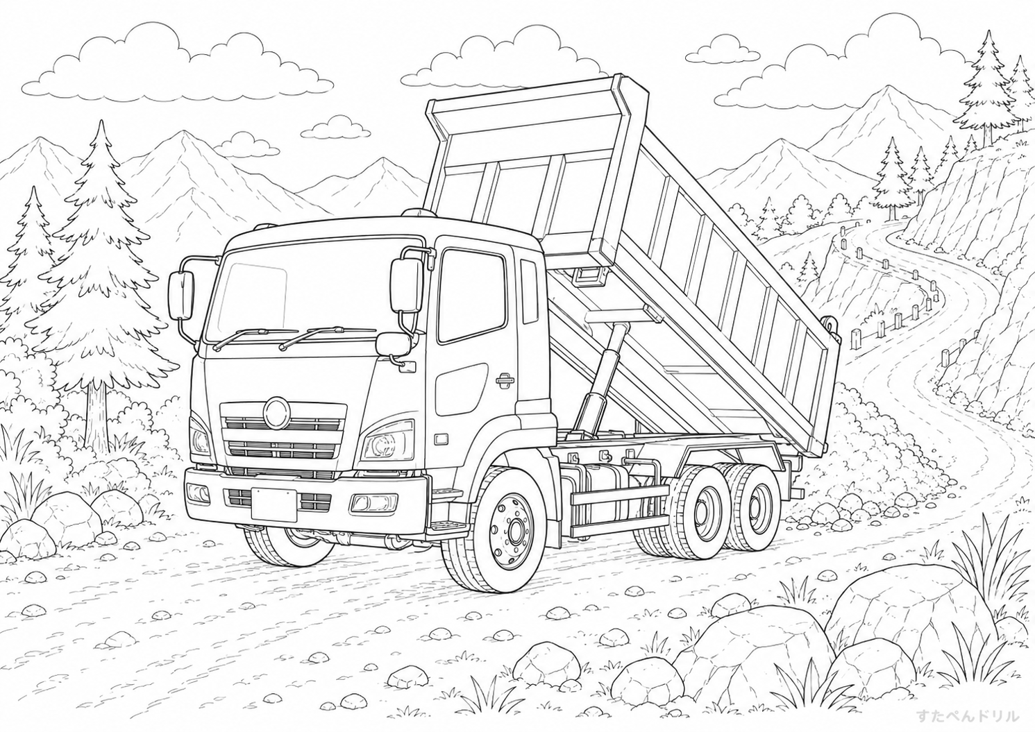 リアルなダンプカーのはたらく車ぬりえ無料プリント
