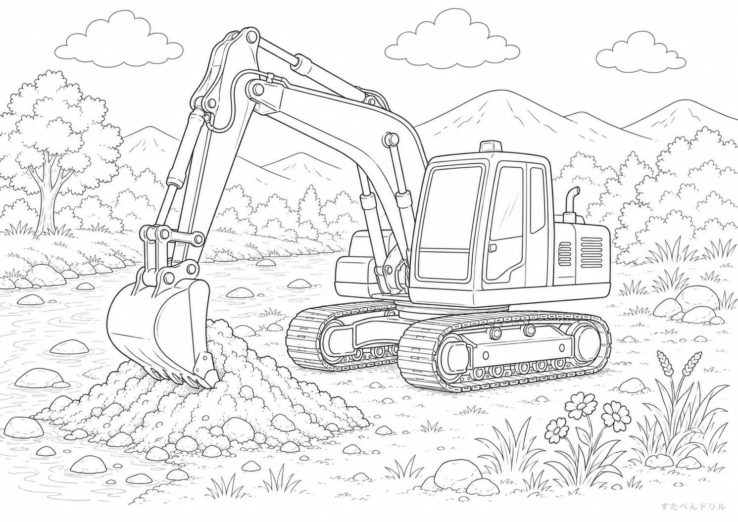 リアルなショベルカーのはたらく車ぬりえ無料プリント