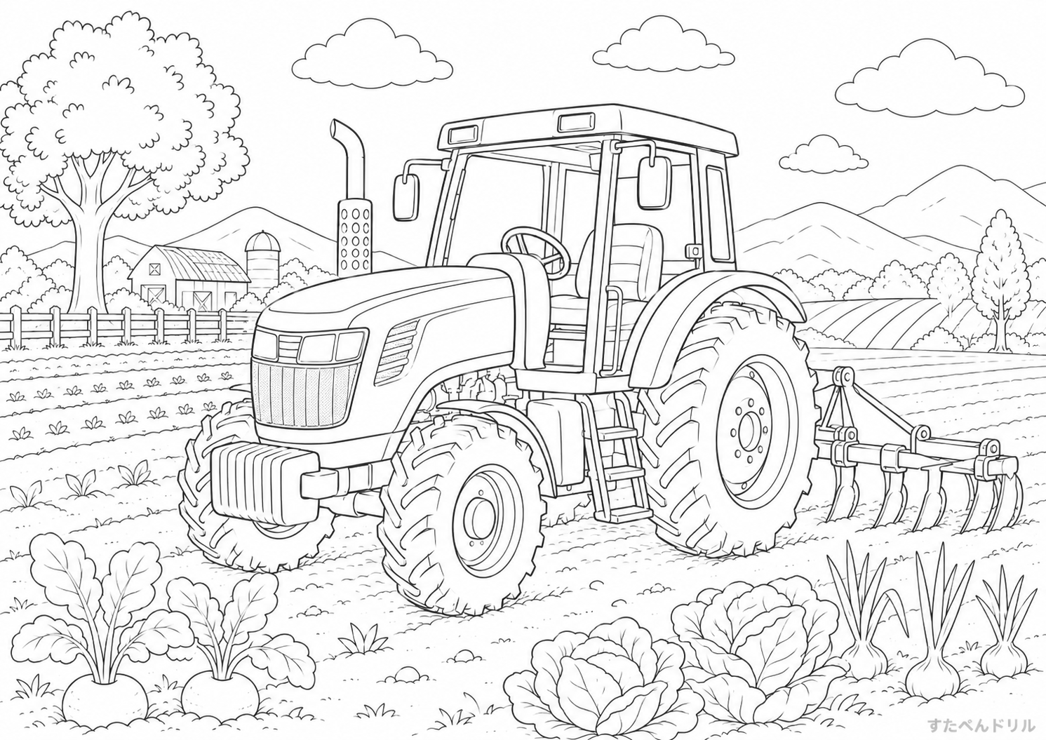 リアルなトラクターのはたらく車ぬりえ無料プリント